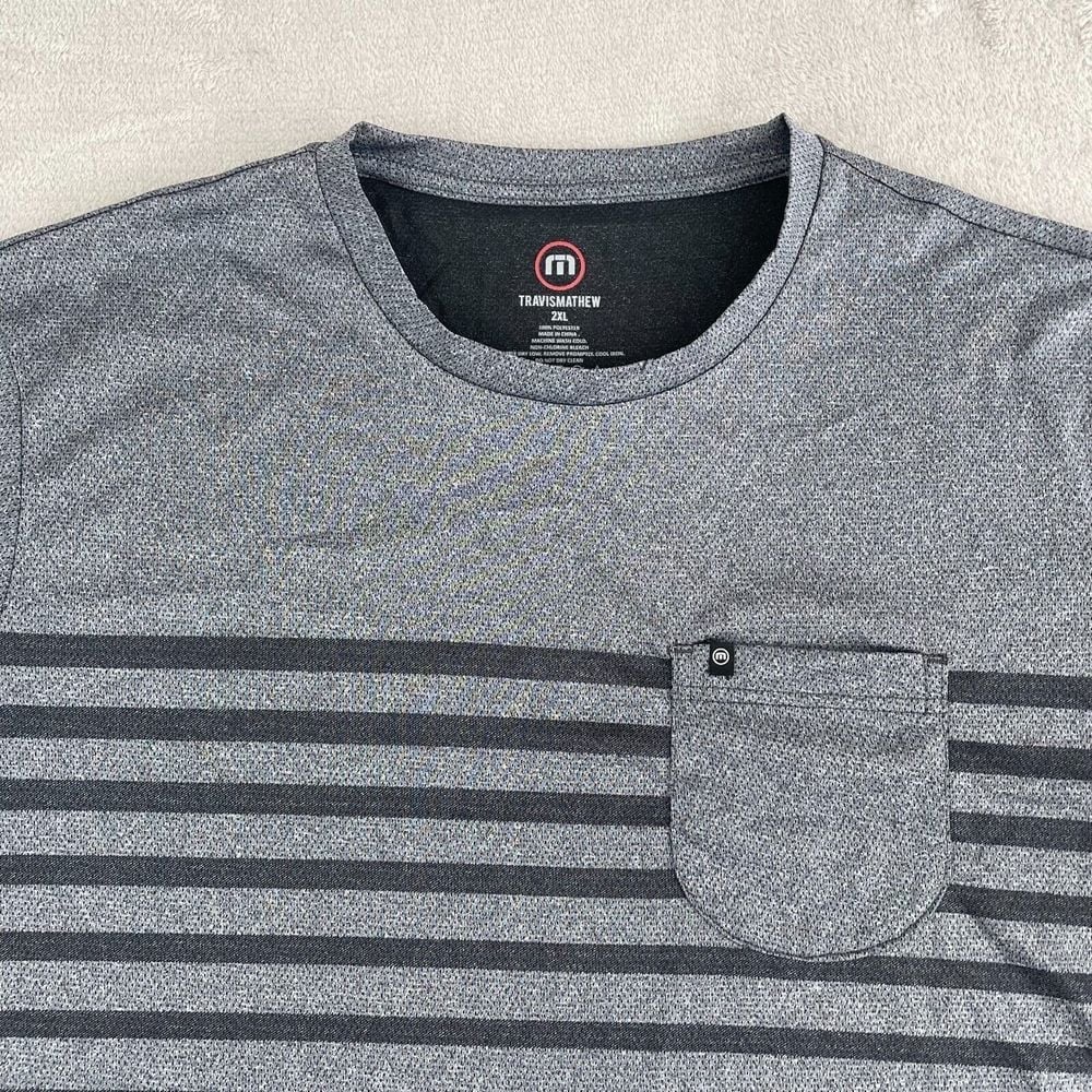 Travis Mathew Pocket T Shirt Men 2XL Grey Striped Athleisure Performance Golf