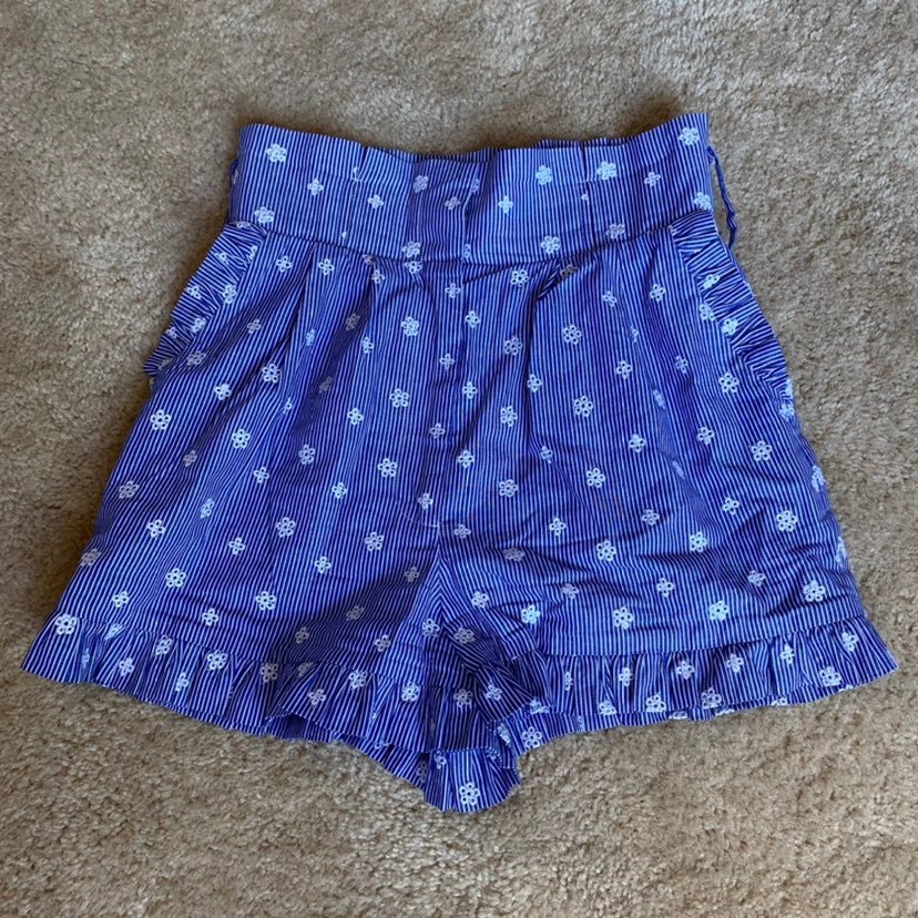 Tularosa Blue Daisy Stripe Ruffle Shorts, XS