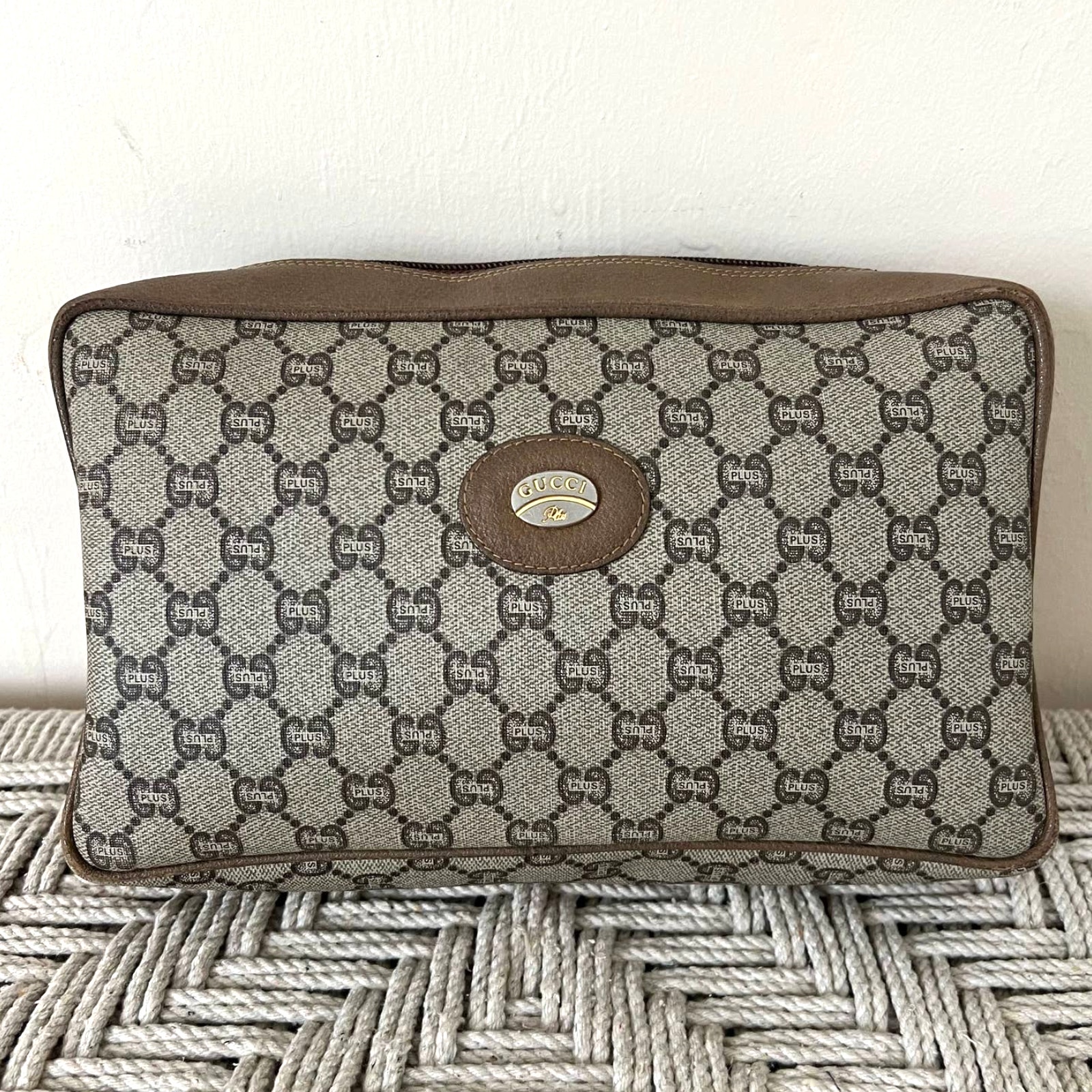 GUCCI GG Plus Monogram Large Leather and Canvas Clutch Bag