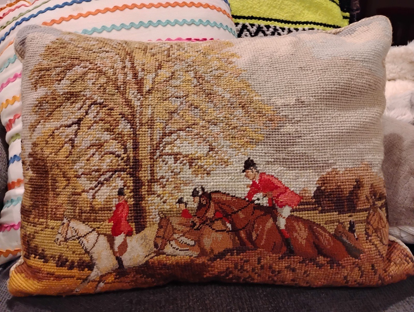 Vintage The Fox Hunt Needlepoint Pillow by Lillian Vernon