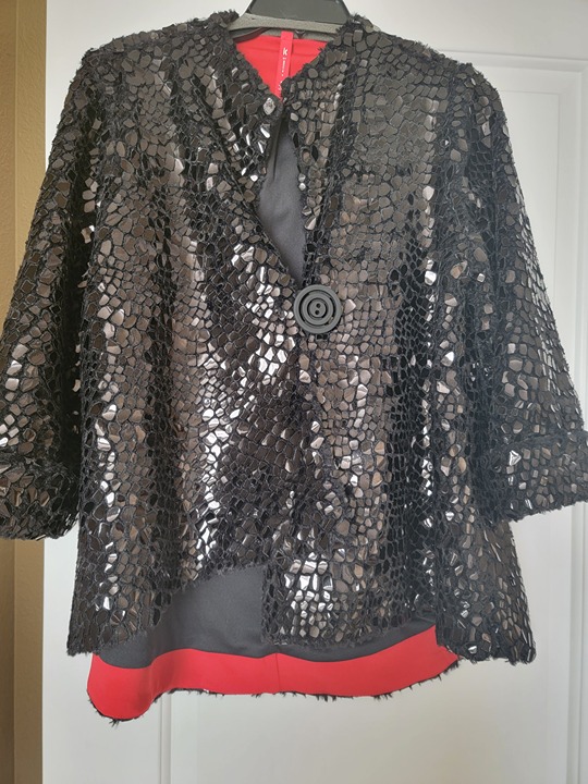 Black Shiny Sparkly Holiday Jacket IC Collection EUC Size M Asymetrical Swing