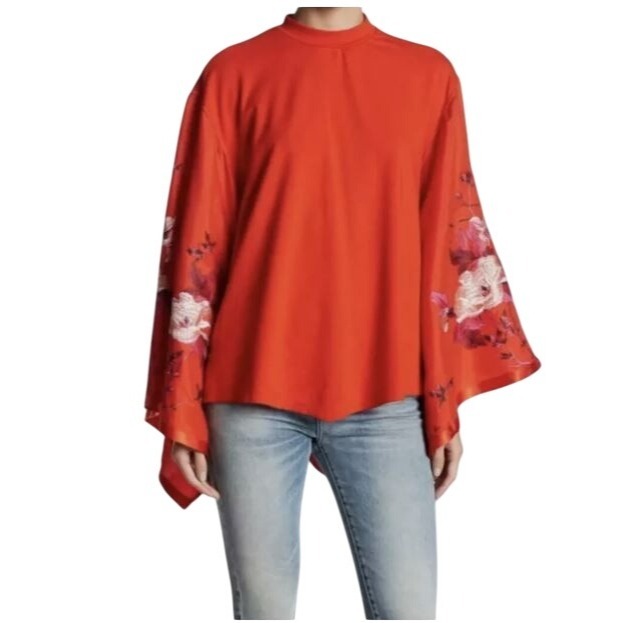 New Free People Sydneys Batwing Kimono Sleeve Top Red Fire Orange Embroidery SM