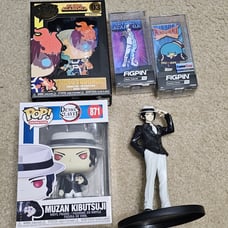 Muzan kibutsuji figure and funko pop, and 2 todoroki pins, tuxedosam pin