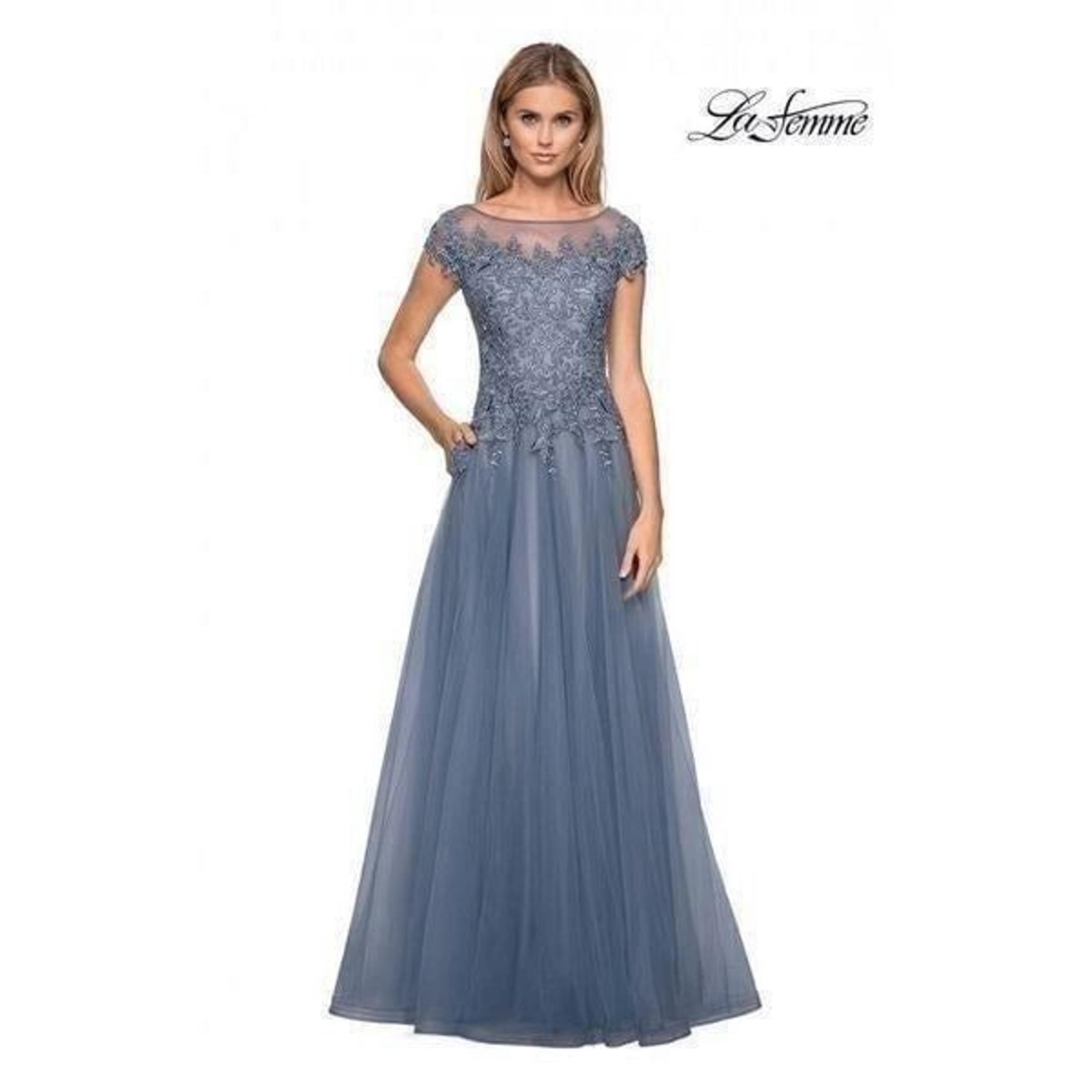 La Femme Formal Blue Cap Sleeve Lace Event Ball Gown Beaded Embellished Size 8