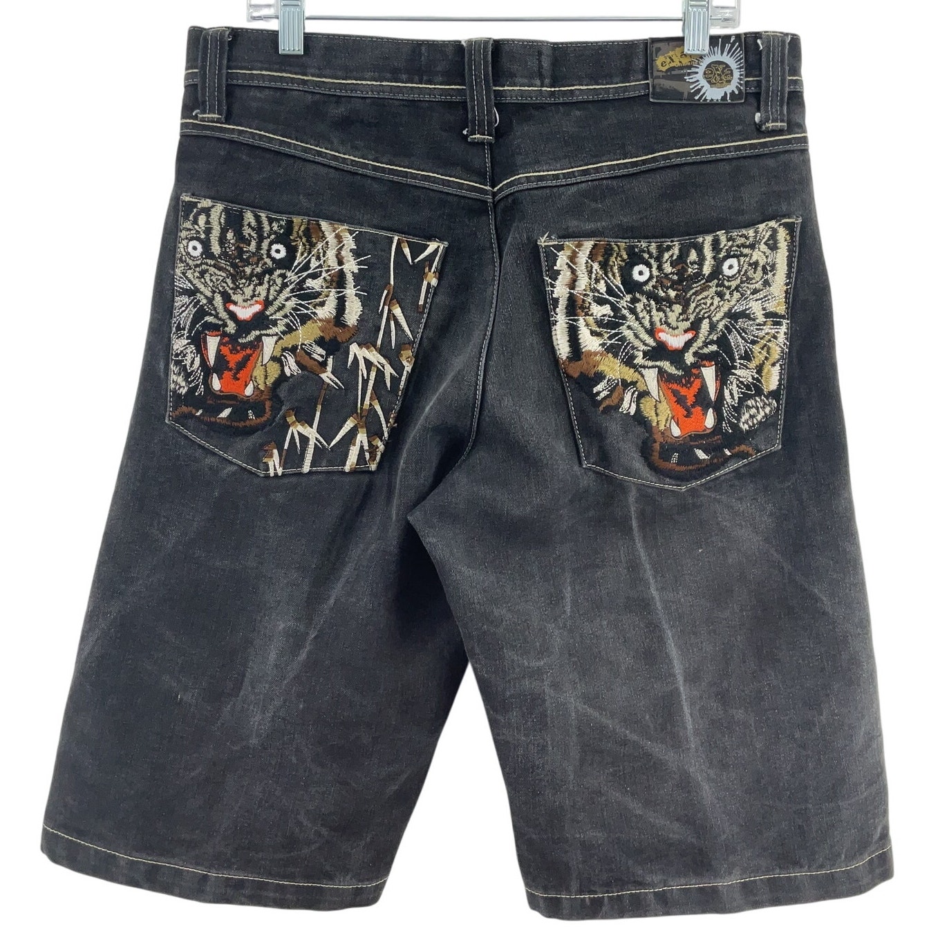 EXA Y2K Black Denim Tiger Embroidery Jean Shorts Men's 36 Cotton Blend Preowned