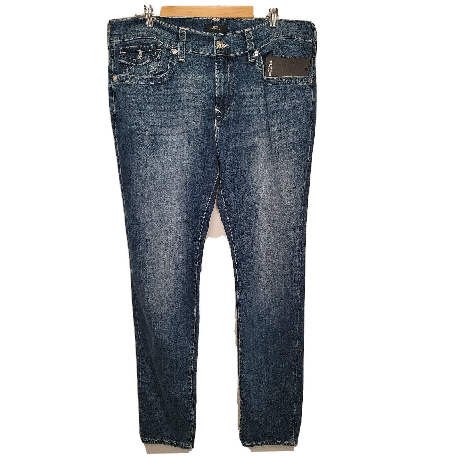 True Religion Men's Blue Rocco Dark Wash Relaxed Skinny Flap Jeans Size 40x33