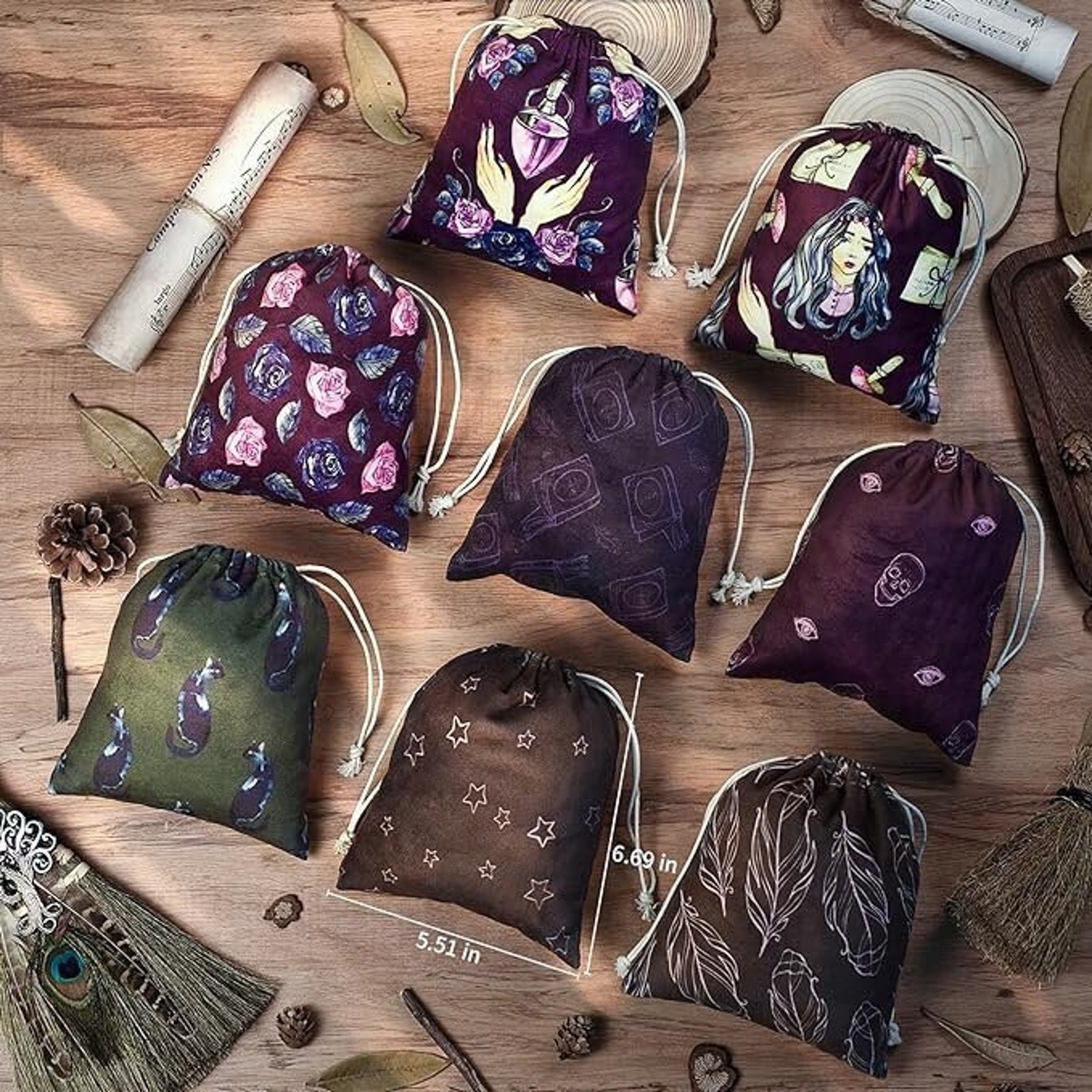 Set Of 8 Velvet Drawstring Tarot Card Bags | Oracle Card Bags | Crystal Pouch |