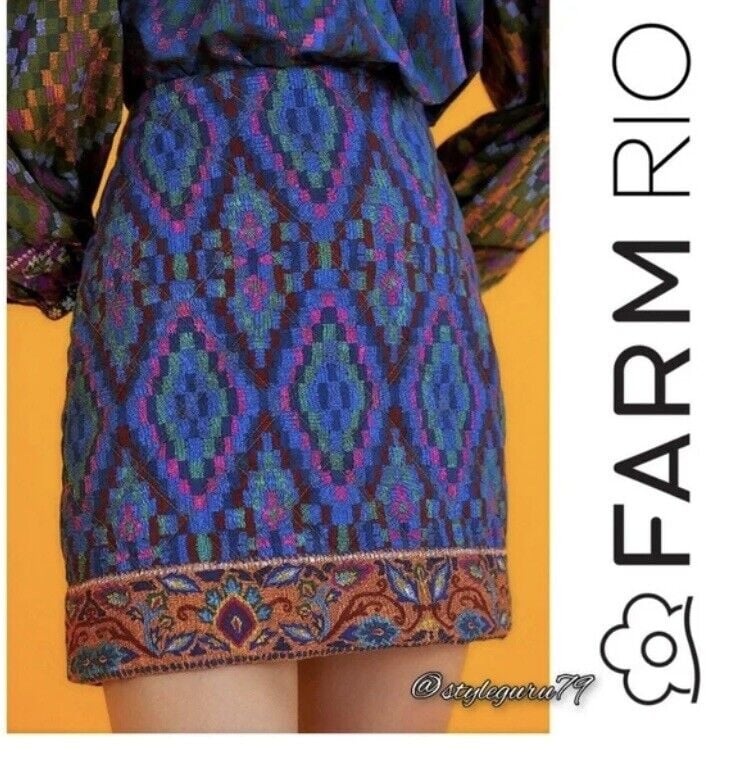 Farm Rio Anthropologie blue Quilted tapestry mini straight pencil skirt size S