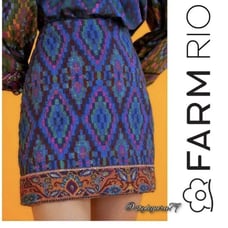 Farm Rio Anthropologie blue Quilted tapestry mini straight pencil skirt size S