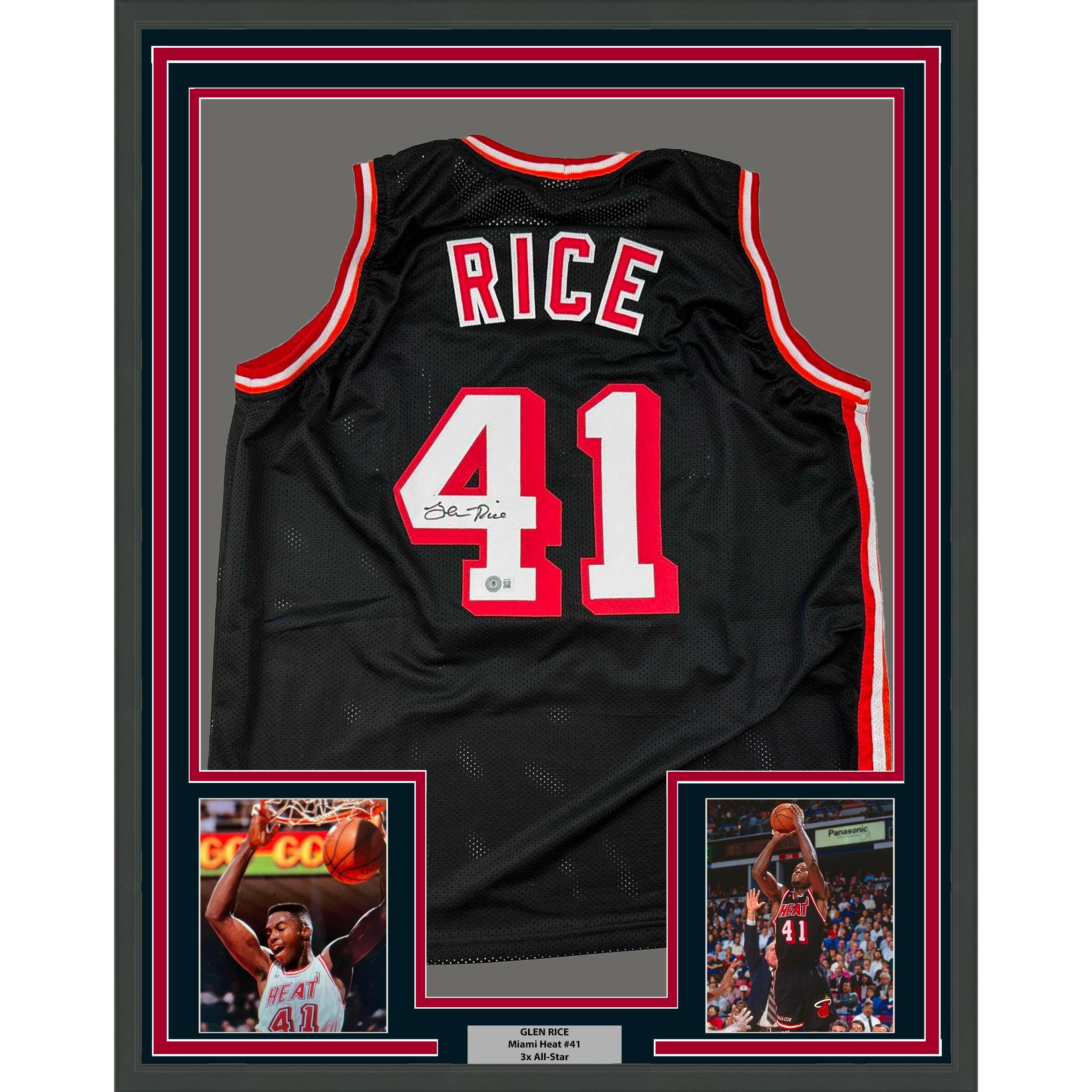 Framed Autographed/Signed Glen Rice 35x39 Miami Black Jersey Beckett BAS COA