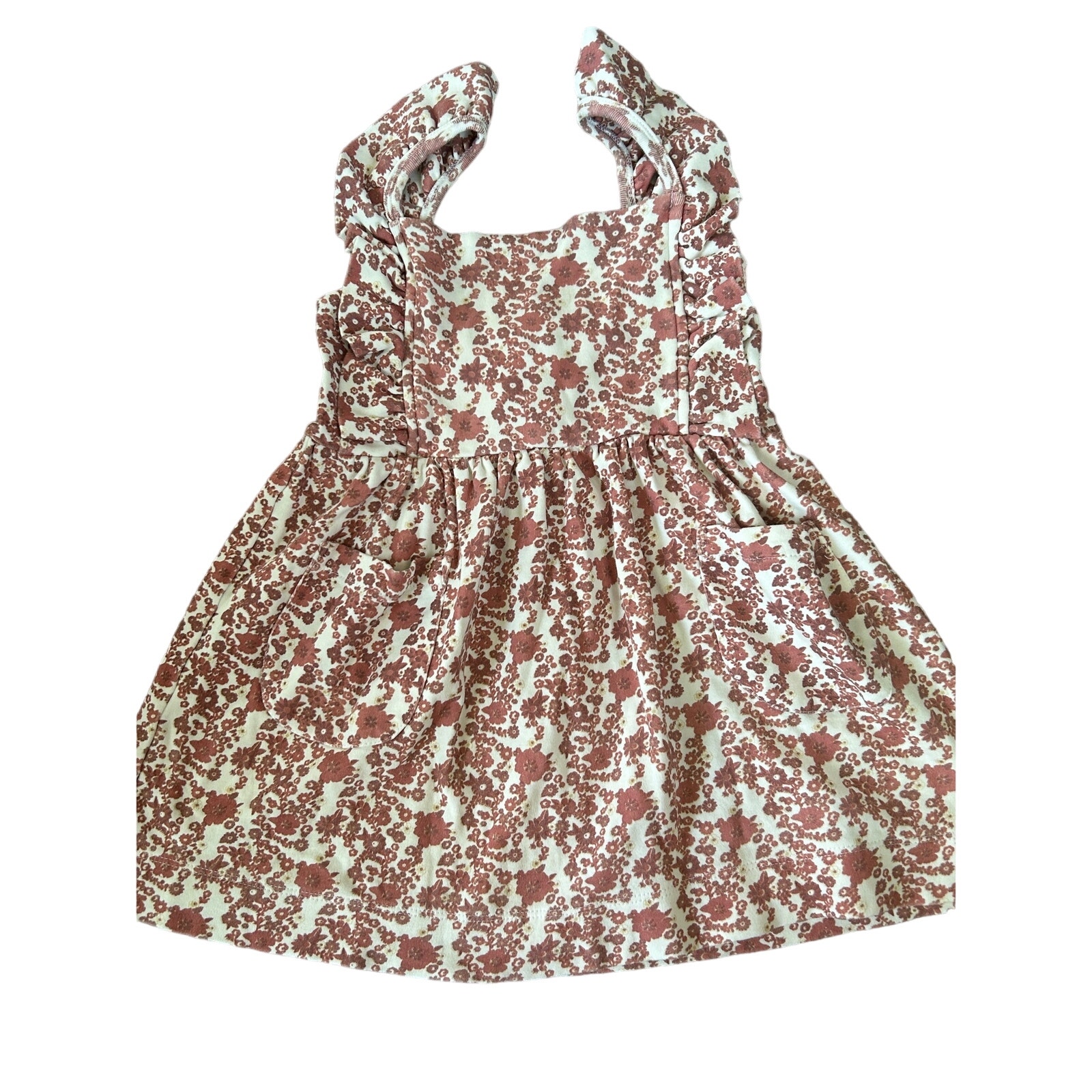 Kate Quinn 2t sleeveless ruffle pinafore dress ditsy floral maroon burgundy