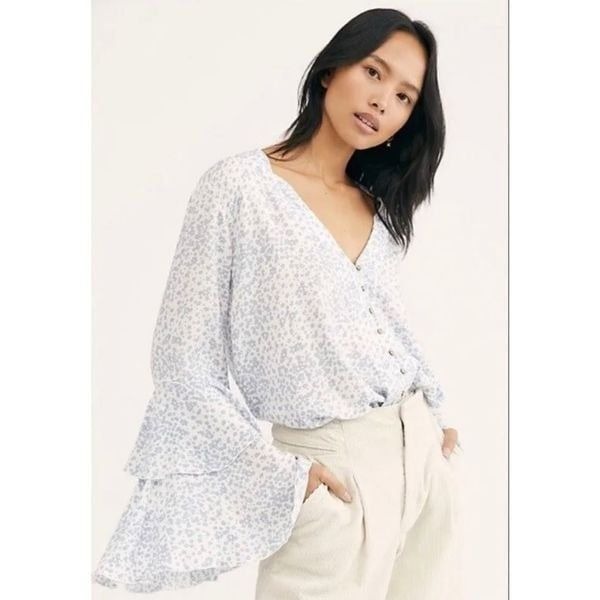 Intimately Free People Ditsy Floral Blue White Bodysuit Flared Sleeve Romantic
