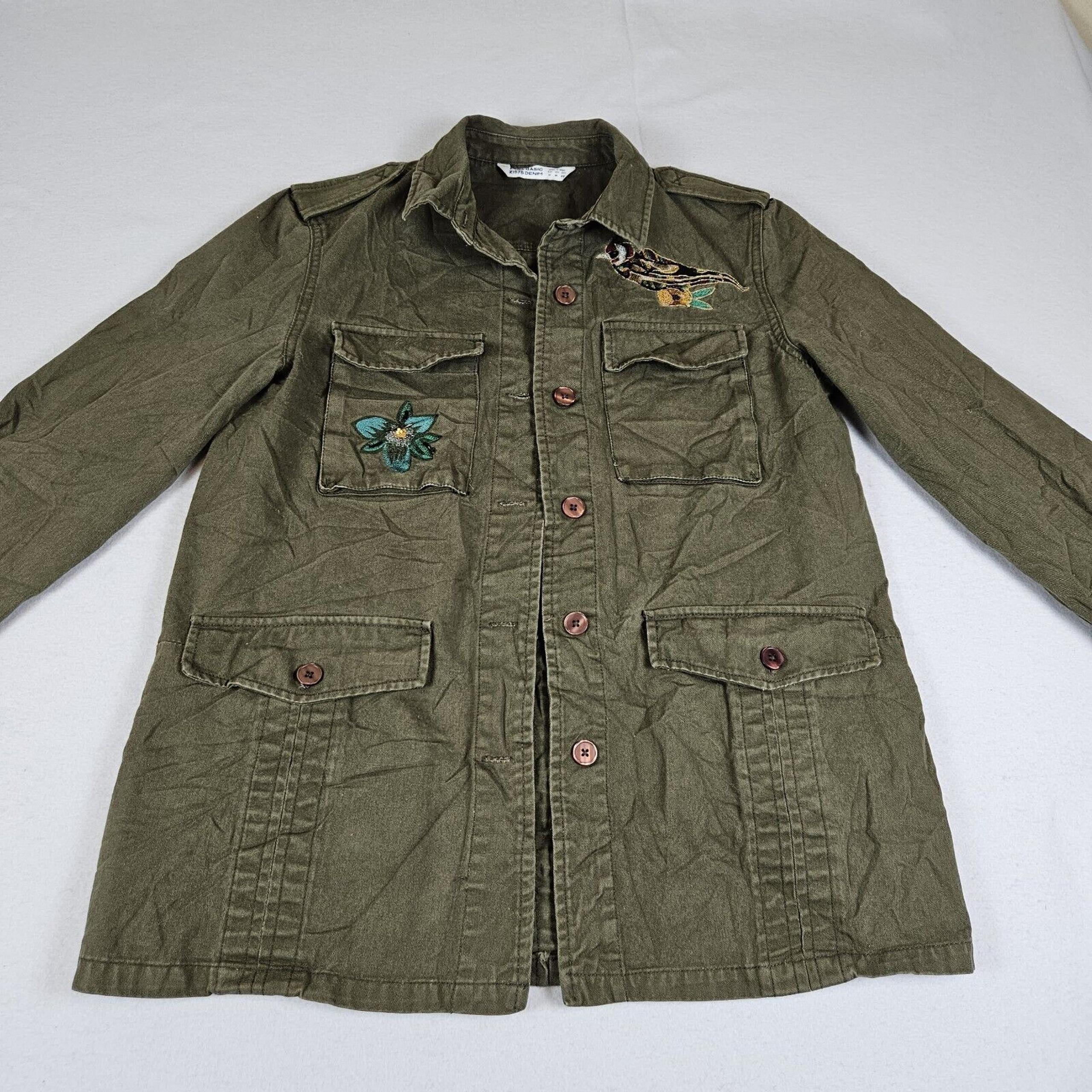 Zara Utility Embroidered Beaded Jacket Womens M Bird Flower Army Green Military