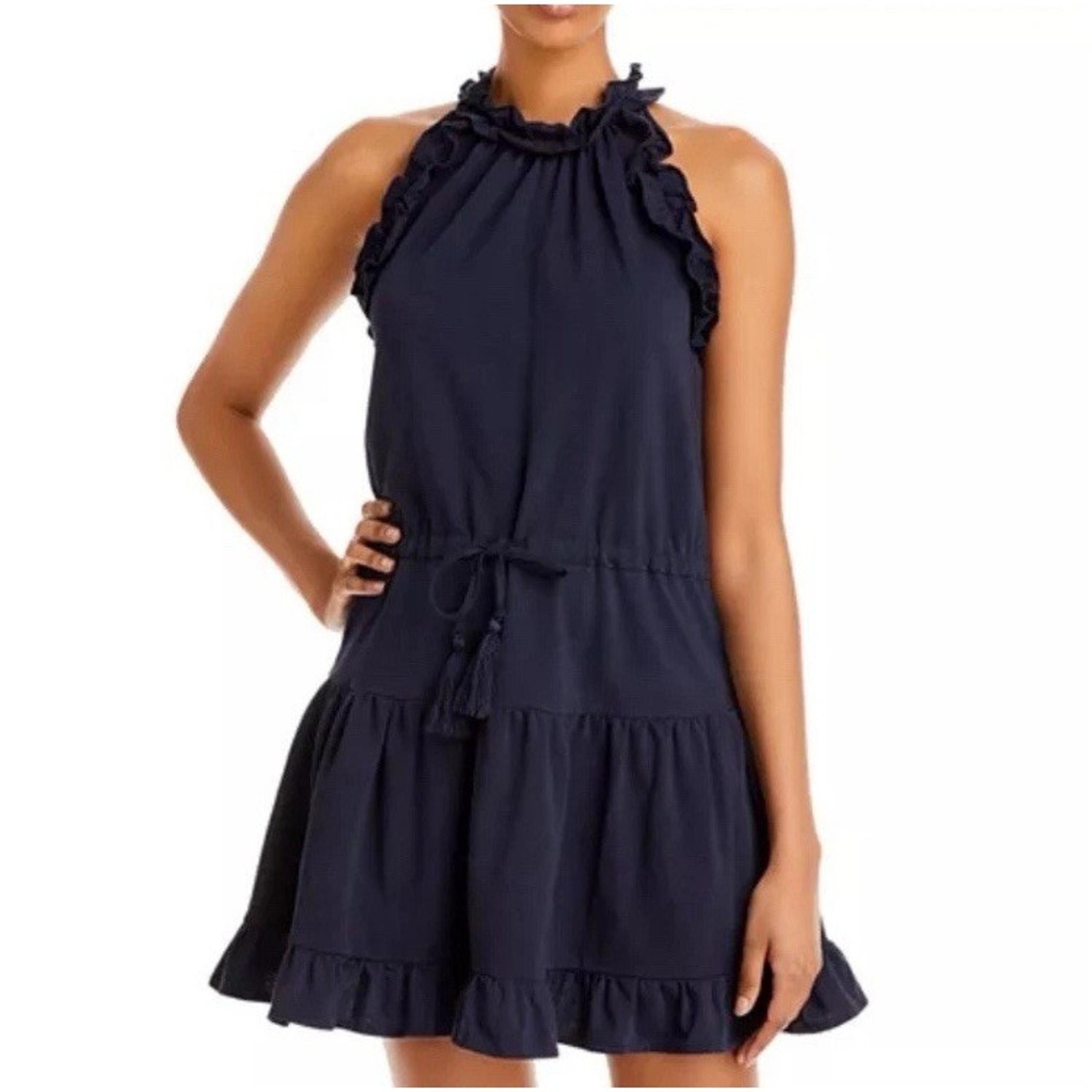 Anthropology Sundays Navy Blue Larissa Ruffled Drawstring Dress Size L Sundress