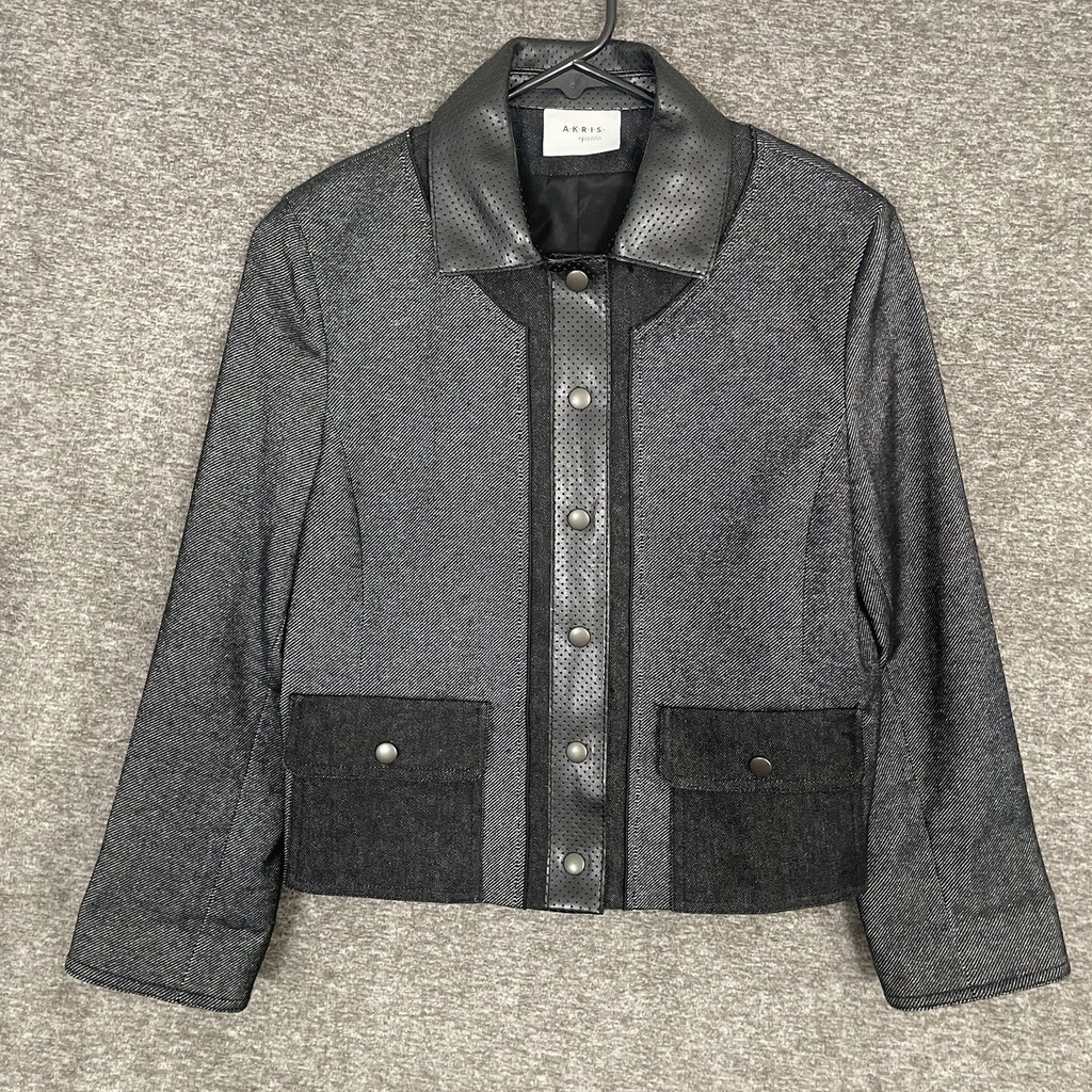 Akris Punto Black Perforated Faux Leather Trim Denim Jacket Size 4 Snap Up NEW