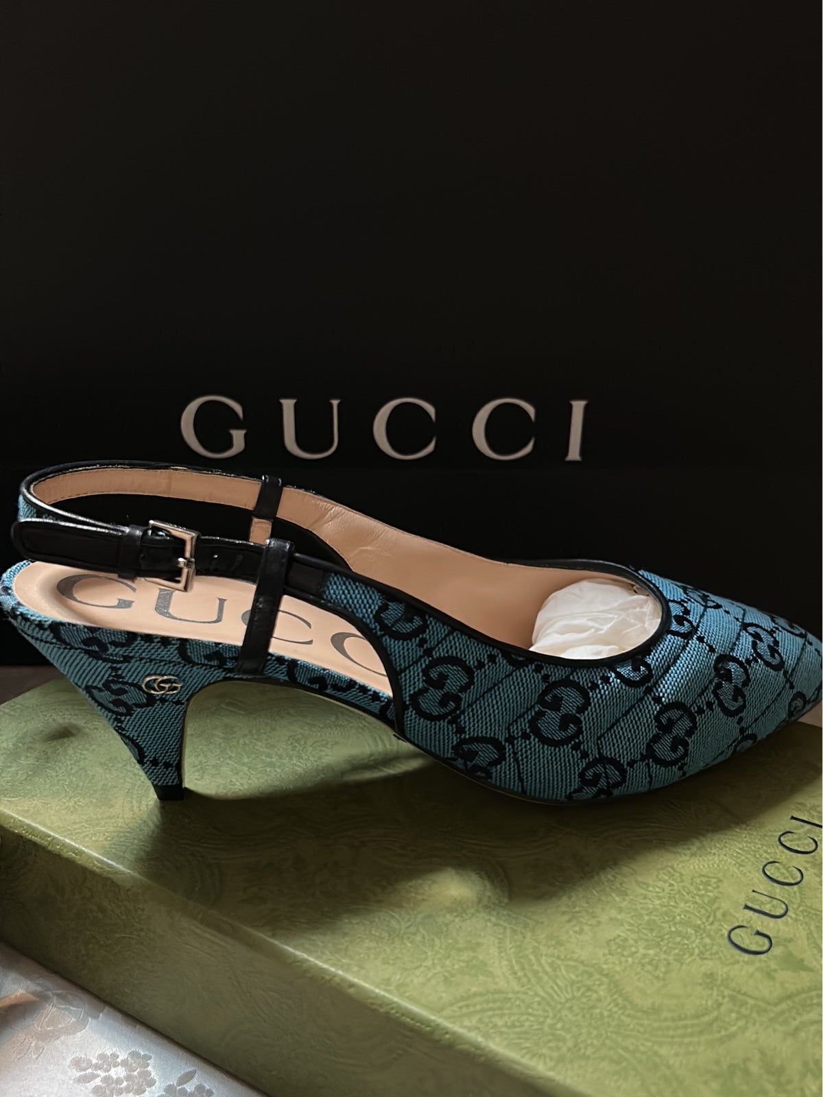 NEW GUCCI SLINGBACK PUMPS ORIGINAL MONOGRAM BLUE/BLACK GG LOGO 37 663667 2UZO0