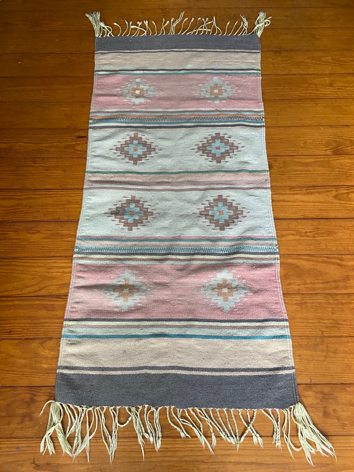 Vintage Aztec Handmade Navajo Woven Southwestern Wool ? Fringe Runner Rug Boho