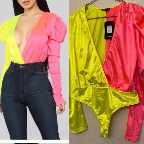 Fashion Nova Counting Double Bodysuit Neon Yellow hot pink color block L NEW