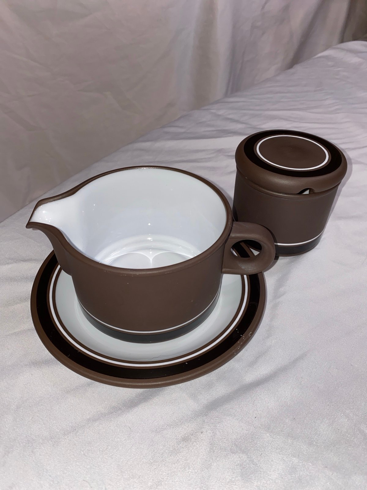 Vintage 1978 Lancaster Vitramic Contrast Gravy Boat w under plate & Mustard Pot