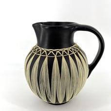 Vintage GMUNDNER KERAMIK Black Stoneware Pitcher Wrapped in Raffia Tribal
