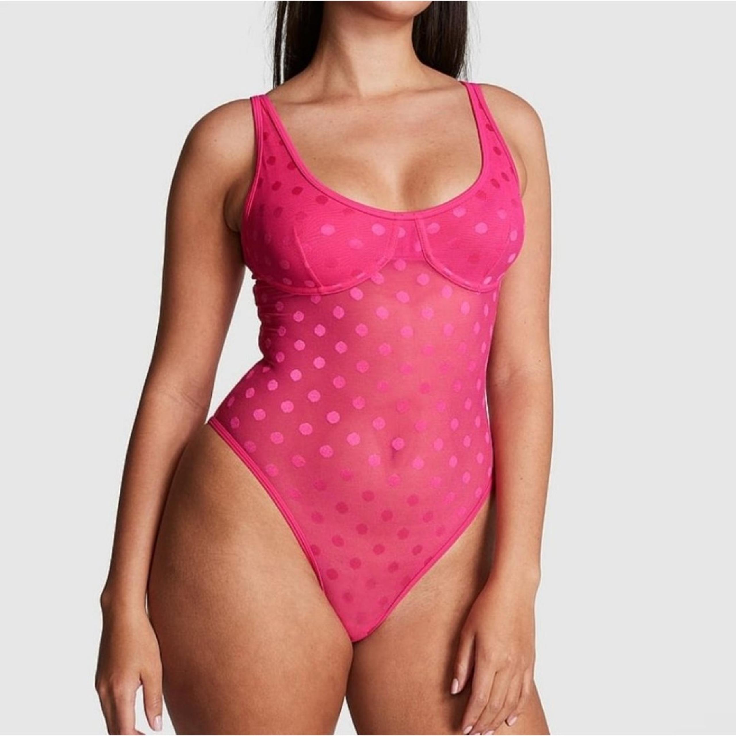 PINK Victoria's Secret Womens Polka Dots Mesh Sheer Bodysuit Size. Small NEW.