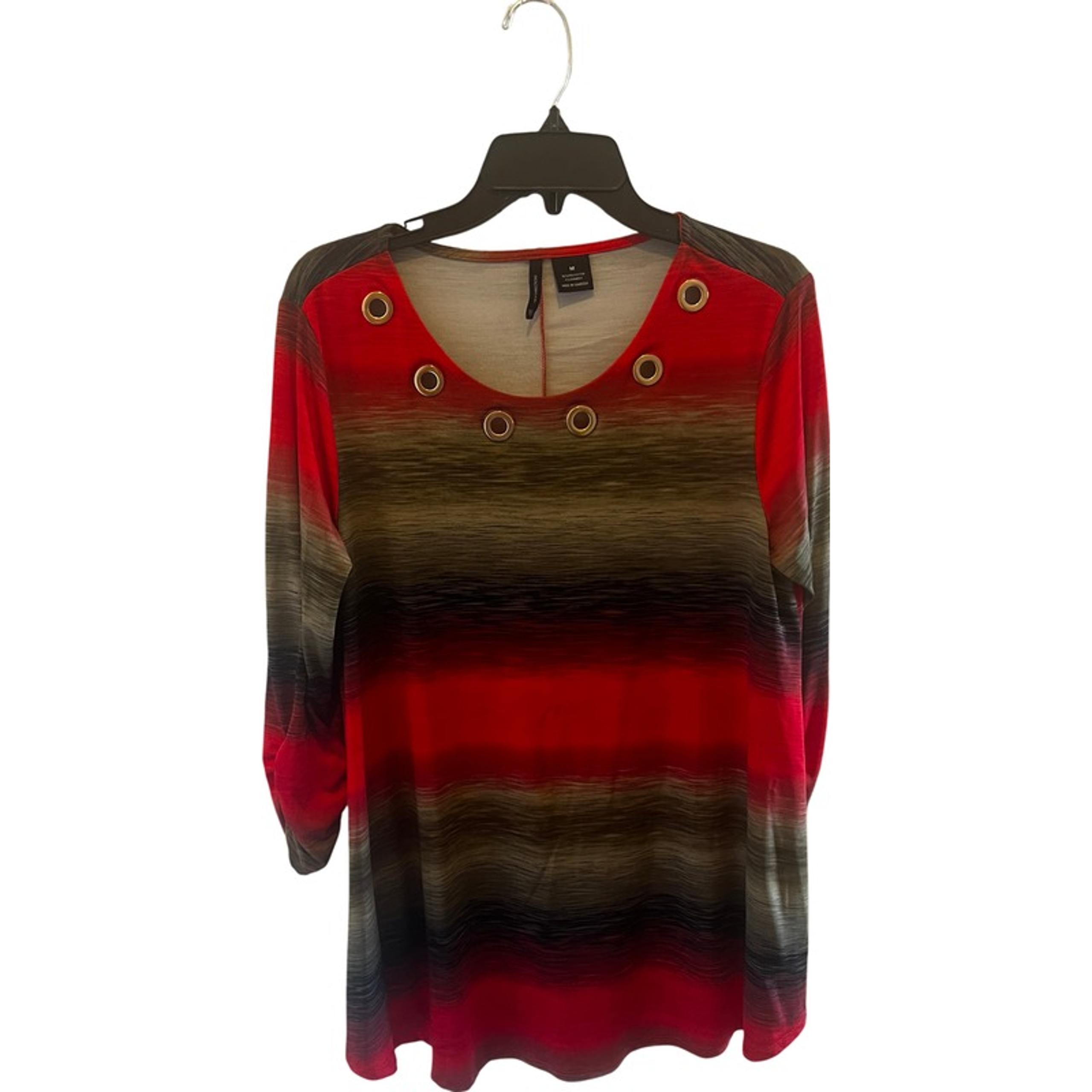 Directions Tunic Top Medium Red Black Olive Ombre Stripe Long Sleeve Grommet