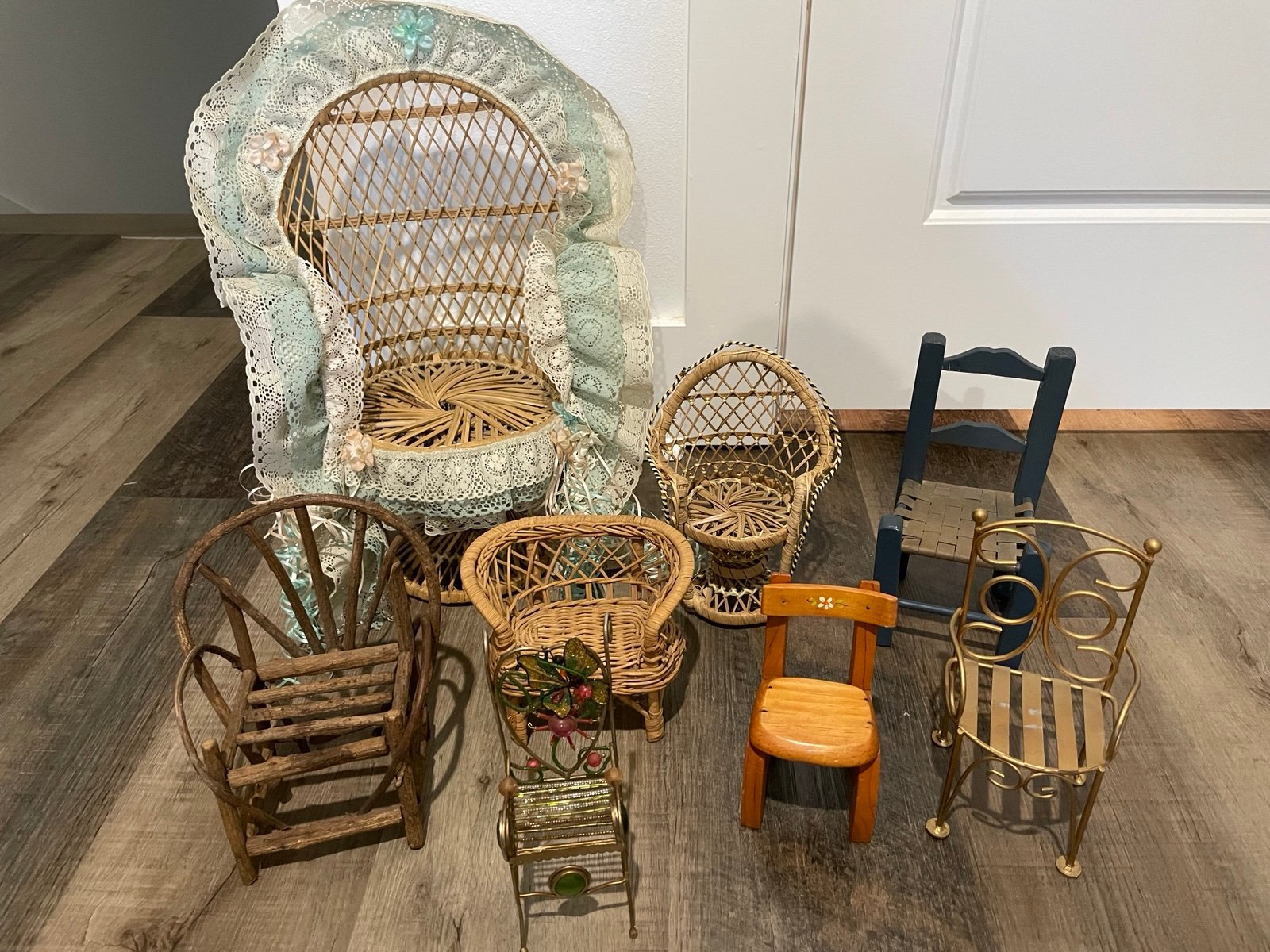 Doll Furniture Chair Lot Wood Wicker Peacock Chair Metal