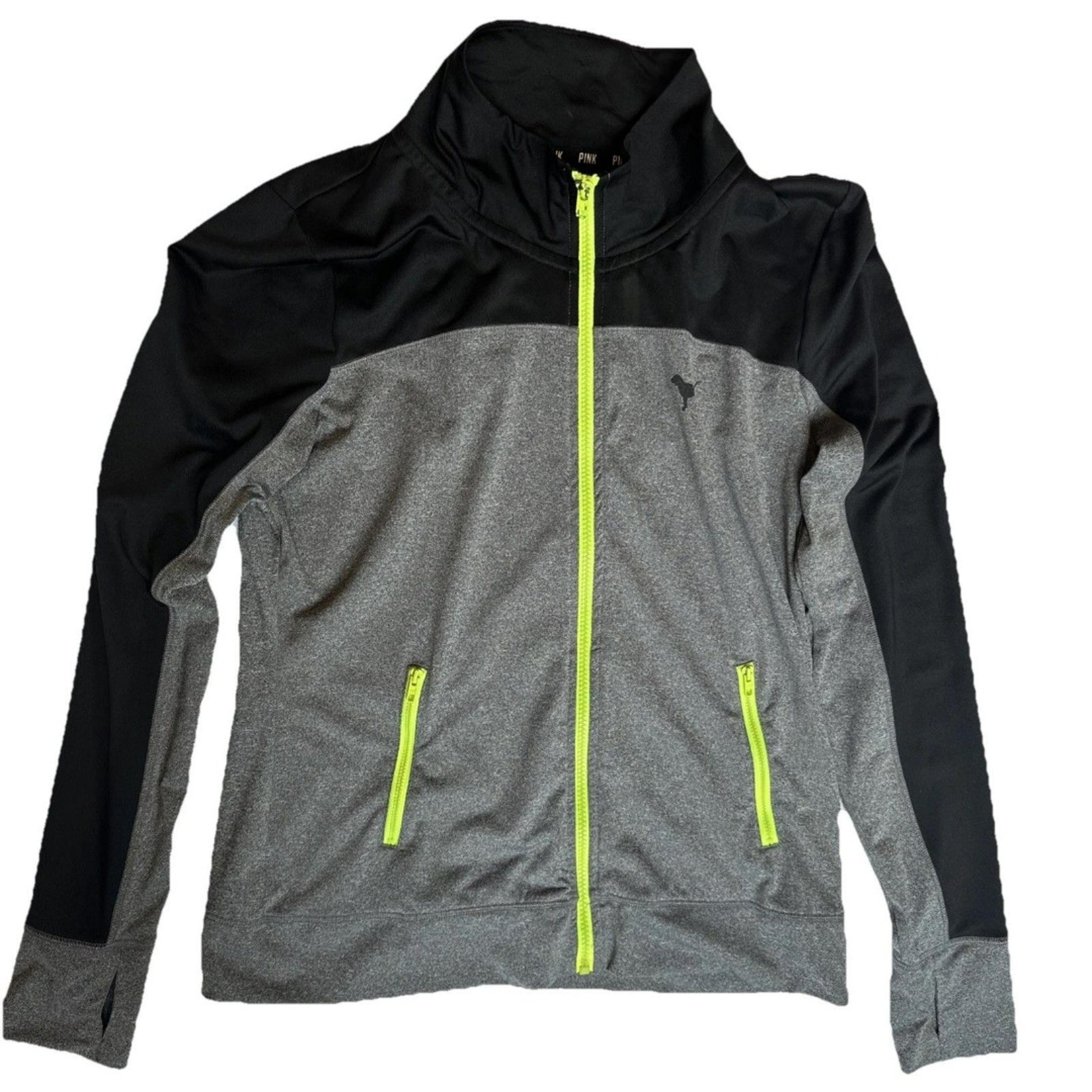 PINK Victorias Secret Ultimate Zip Up Workout Jacket Gray Black Neon Green Sz LG