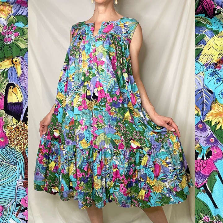 Vintage 80s tropical toucan parrot bird floral print babydoll midi house dress M