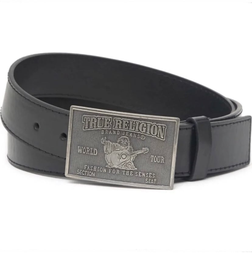 True Religion Torn Heavy Weight Buddha World Tour Plaque Buckle Belt NWT Size 38