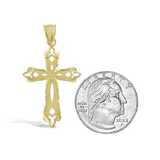 Cross Pendant Charm Diamond Cut 10k Yellow Gold 1.6 inch