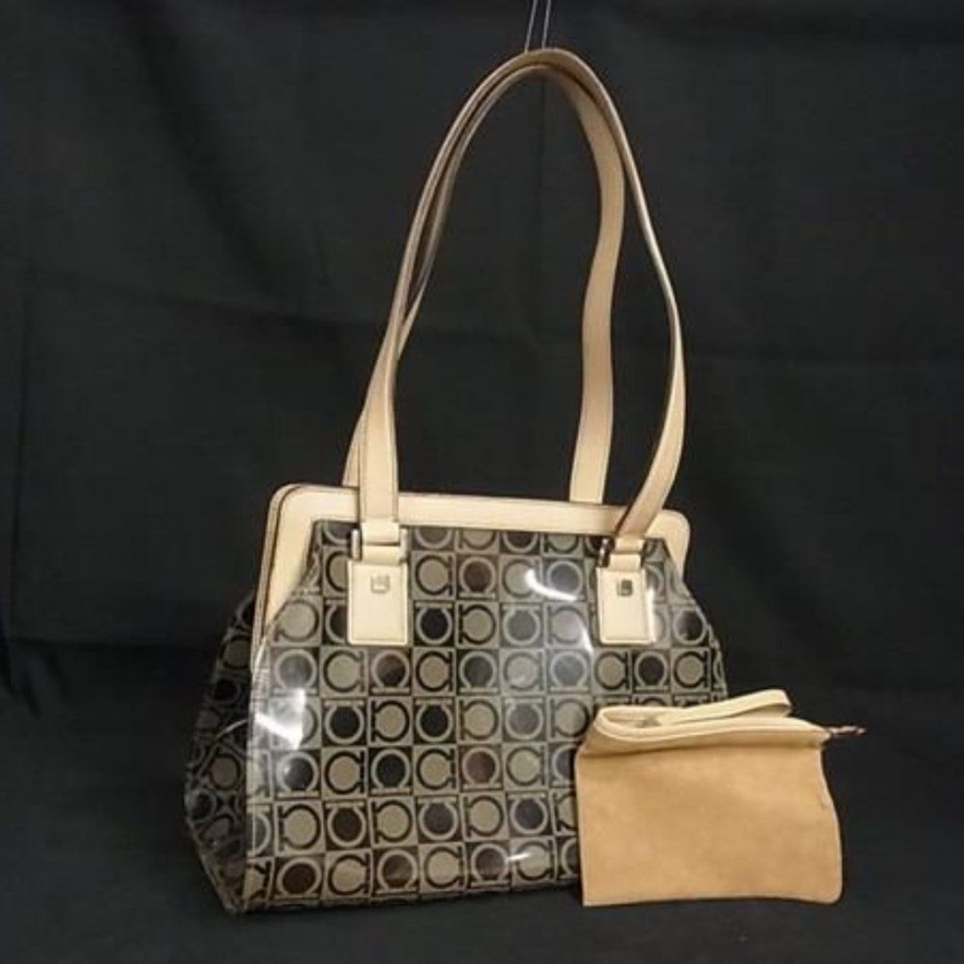 AUTHENTIC Salvatore Ferragamo Translucent Logo Print PVC Tote Beige/Brown shoulder bag 10.5x8