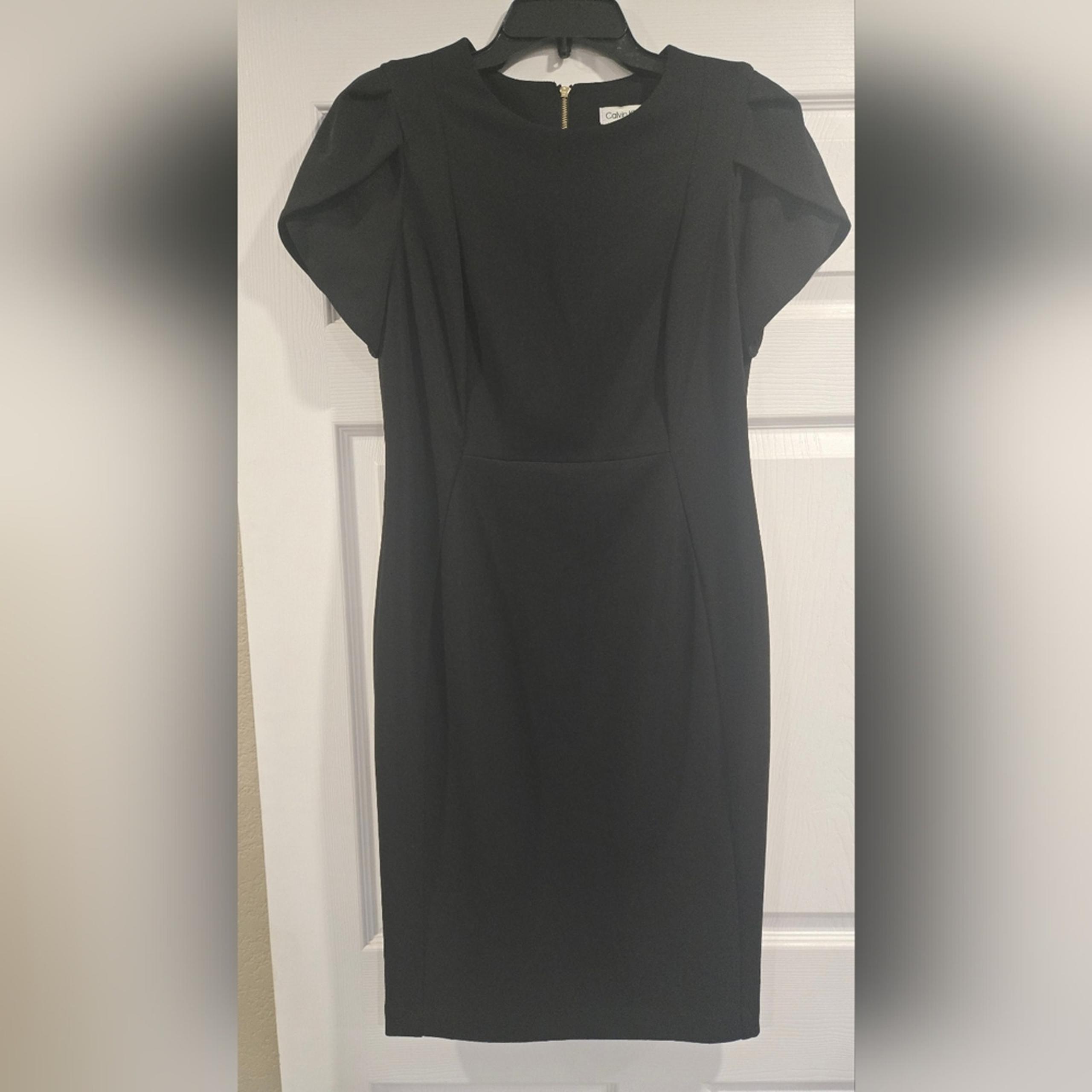 Calvin Klein Black Sheath Midi Dress with Cap Sleeves