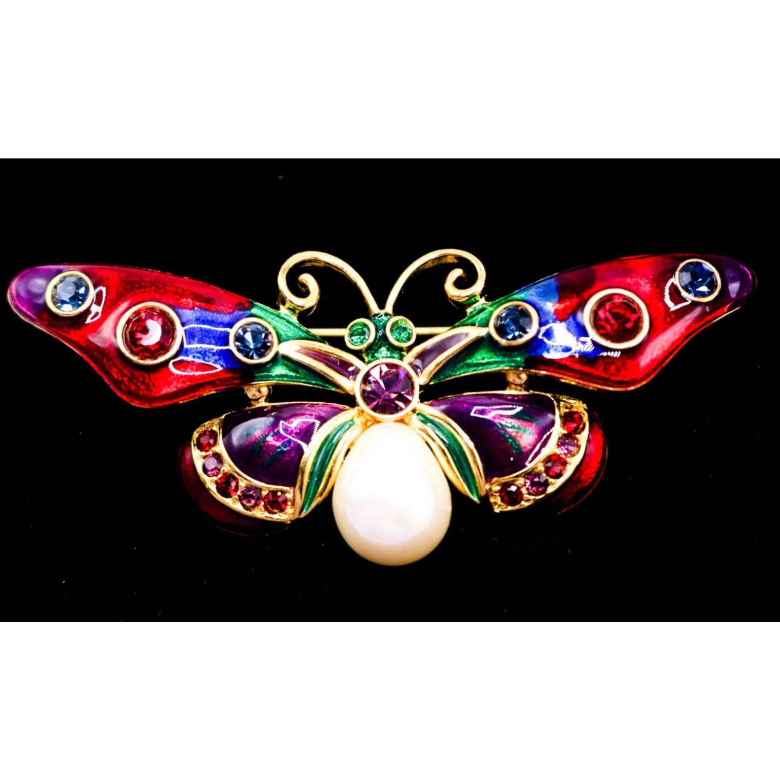 Joan Rivers Butterfly Brooch Pin Faux Pearl Enamel Jewel Rhinestone Signed VTG