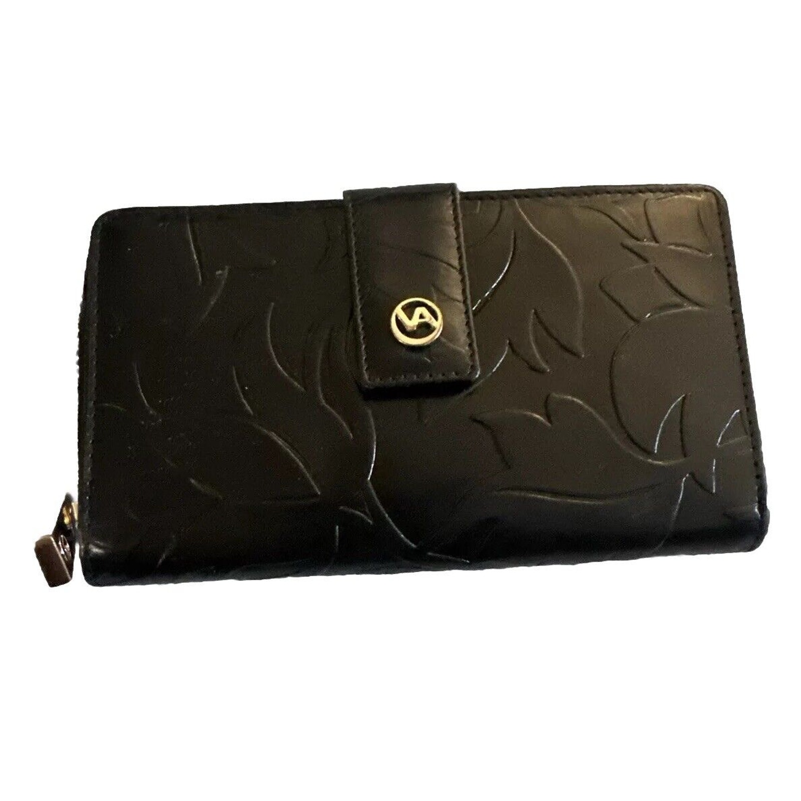 Valentina Made In Italy Genuine Leather BLACK full size Wallet Floral Embossed