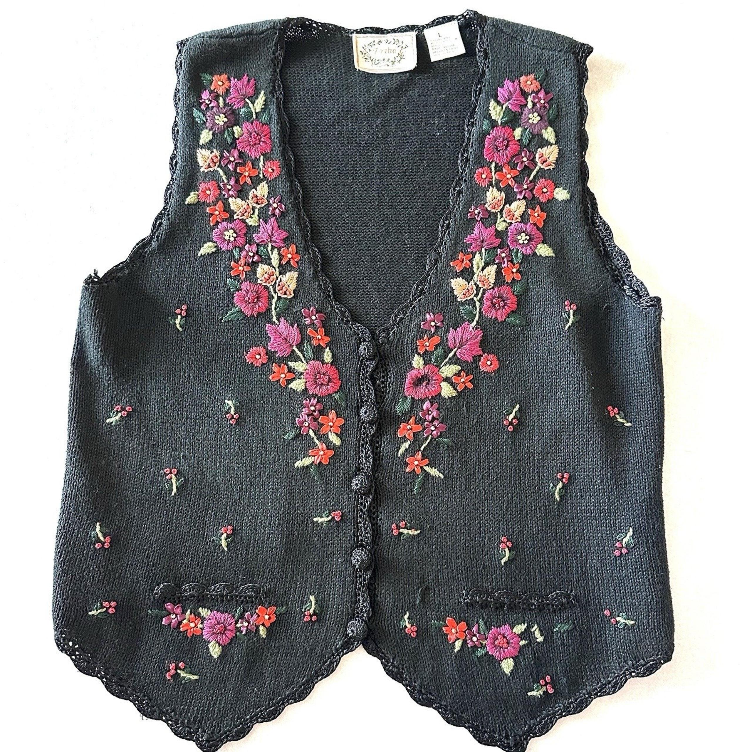 ERIKA Embroidered Crochet Vest L Large Black Floral Ramie Cotton Vintage