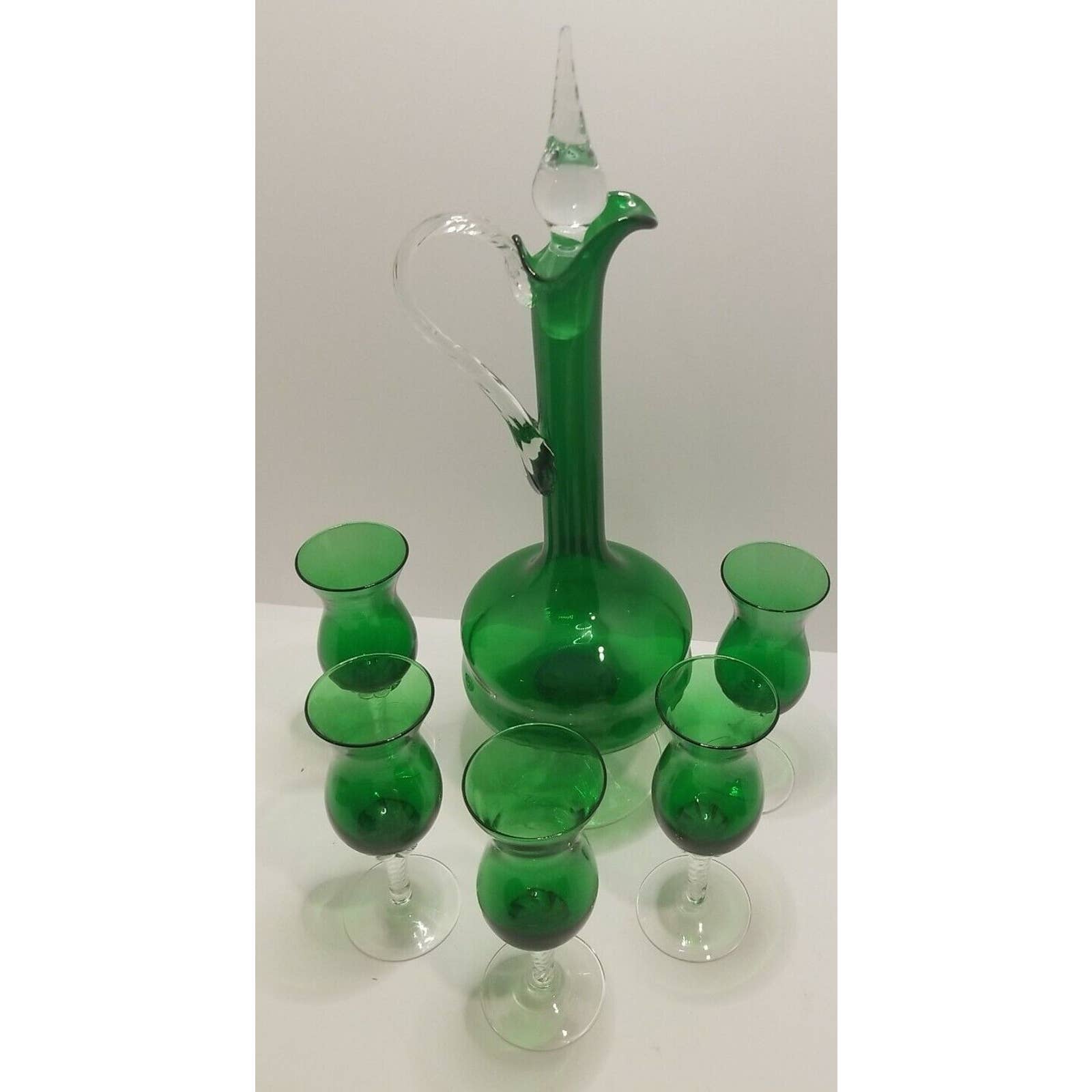 Vintage 1960's Murano Venetian Emerald Green Hand Blown Wine Decanter, W 5 Glass