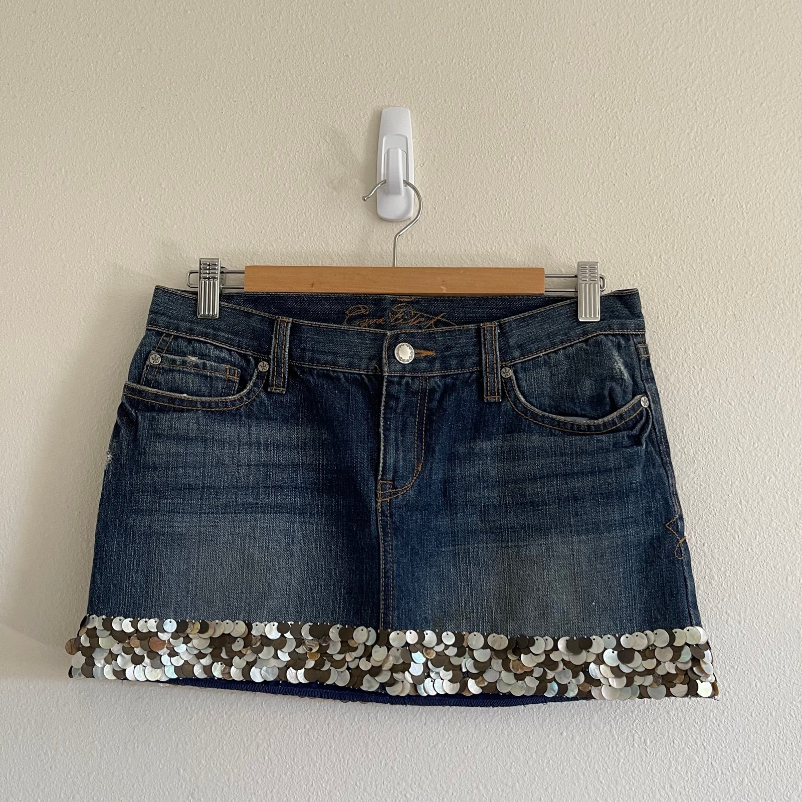 EZRA FITCH Women's 26 Brown White Shell Embellished Blue Denim Jean Mini Skirt