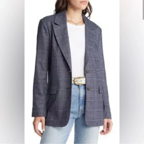 Treasure & Bond L Navy Blue Plaid Two Button Blazer Jacket