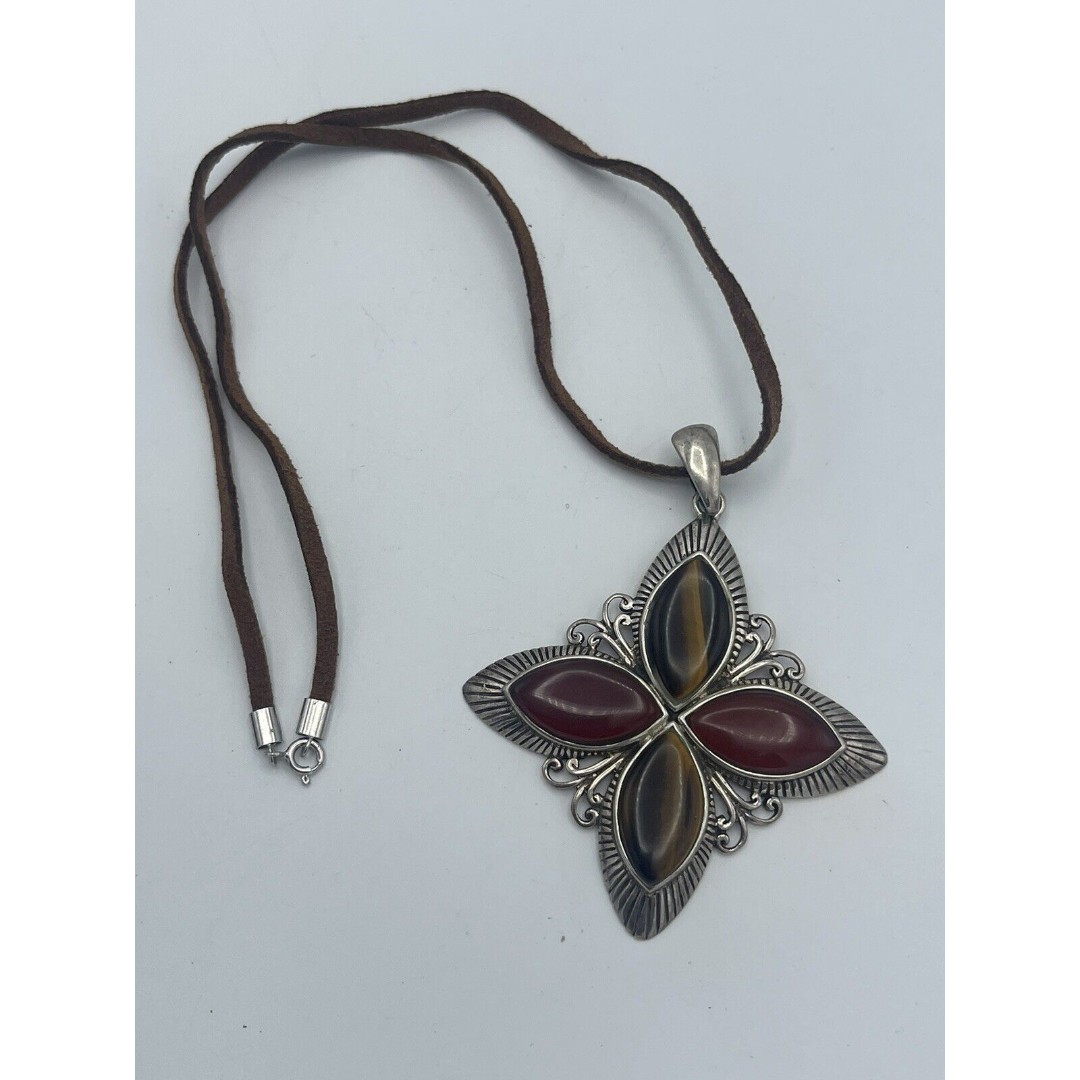 925 GFJ THAI Sterling Silver Tigers Eye & Carnelian Agate Pendant Necklace