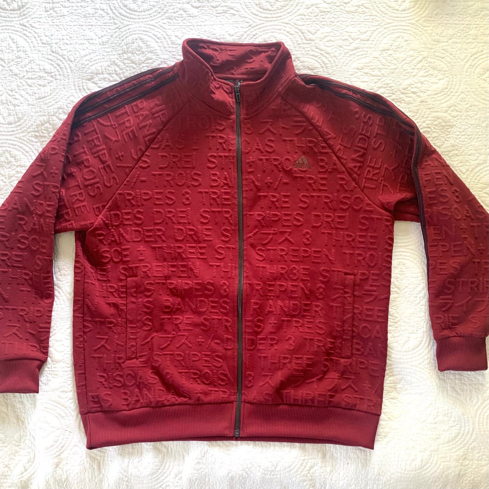 ADIDAS 2XL International Three Stripe Spell Out Merlot Full Zip Embossed Jacket