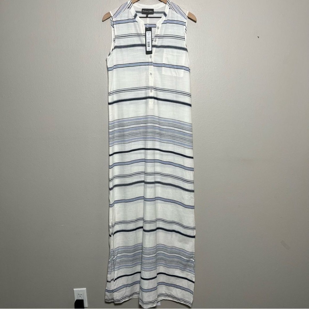 NEW Michael Stars Women Dress Small White Stripe Maxi Henley Popover Coastal