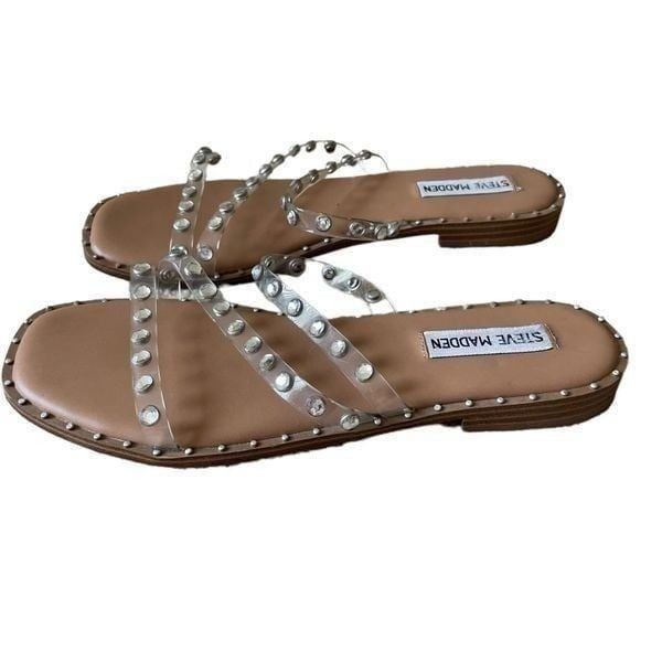 Steve Madden Skyler Clear Pearl Pyramid Studded Slip On Square Toe Flat Sandal S
