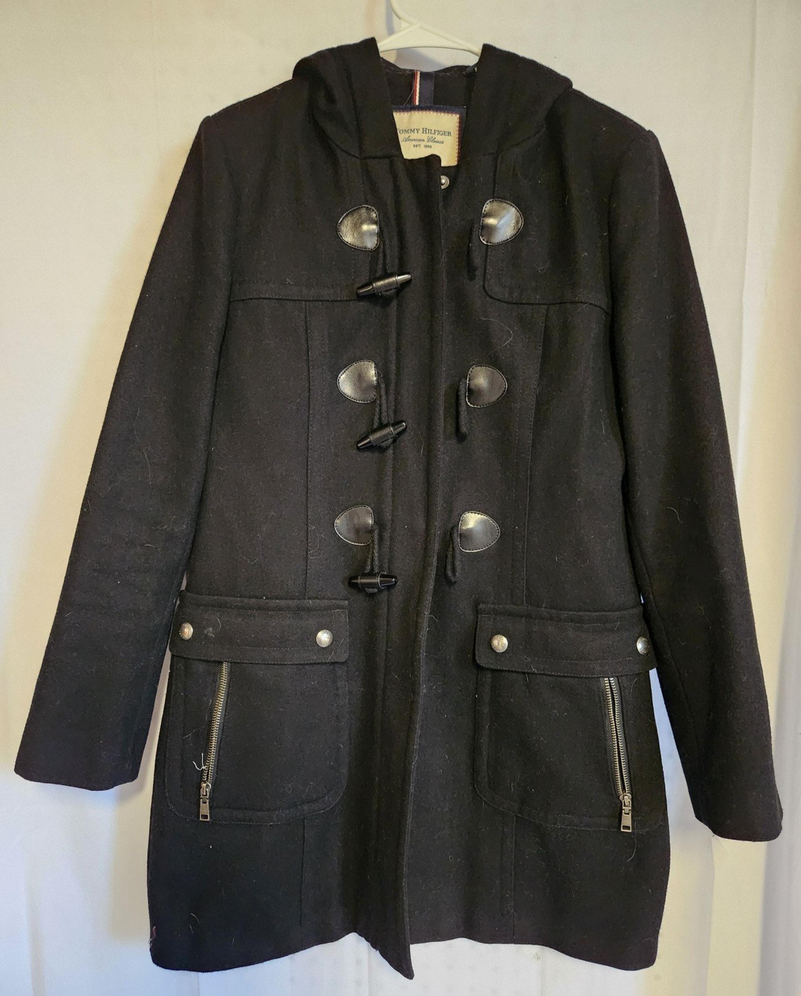 Tommy Hilfiger Women's Wool Blend Pea Coat Size S Black With Hood