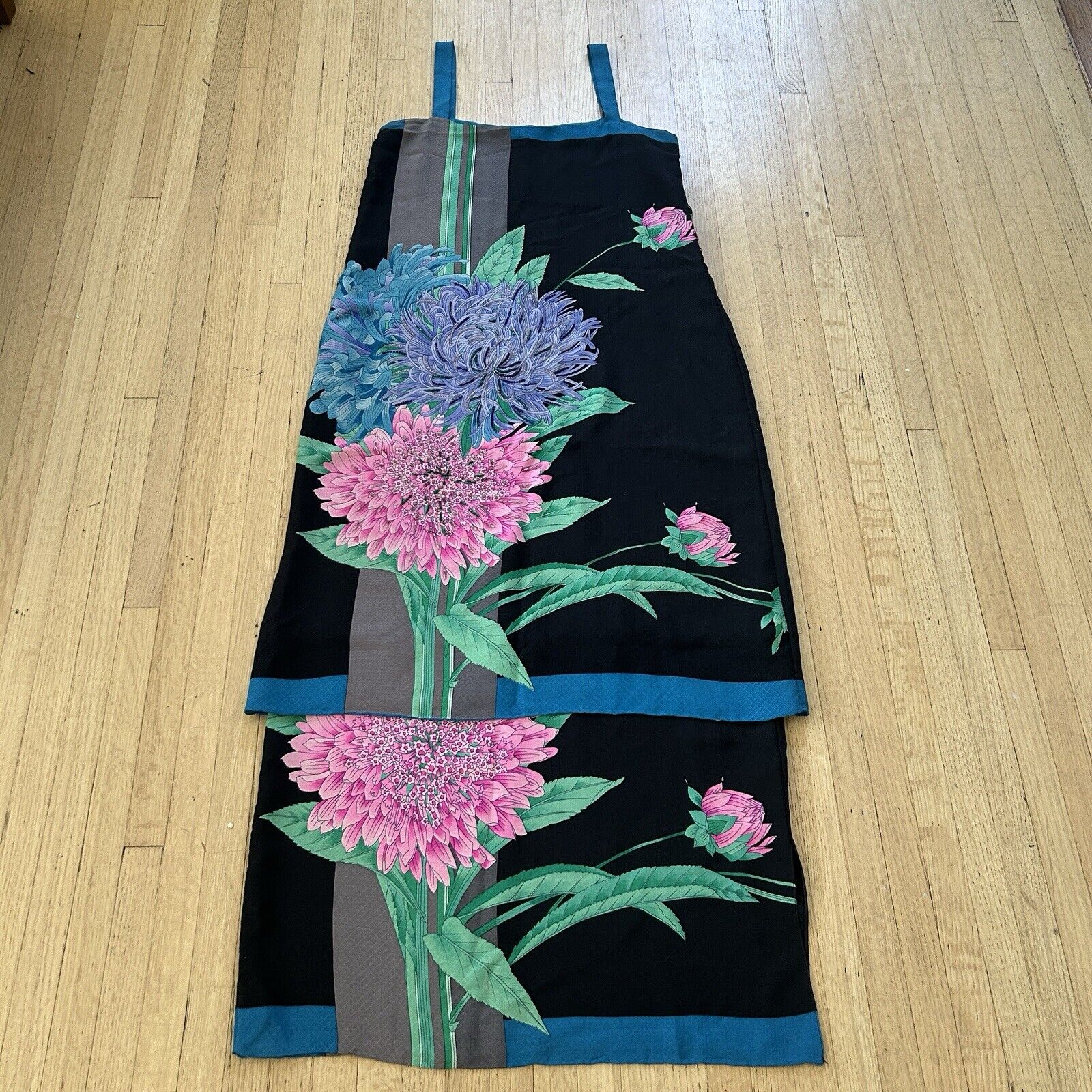 Vintage Brijo Silk Maxi Dress Beaded Floral Flapper Layer Column Dress Sz S/M