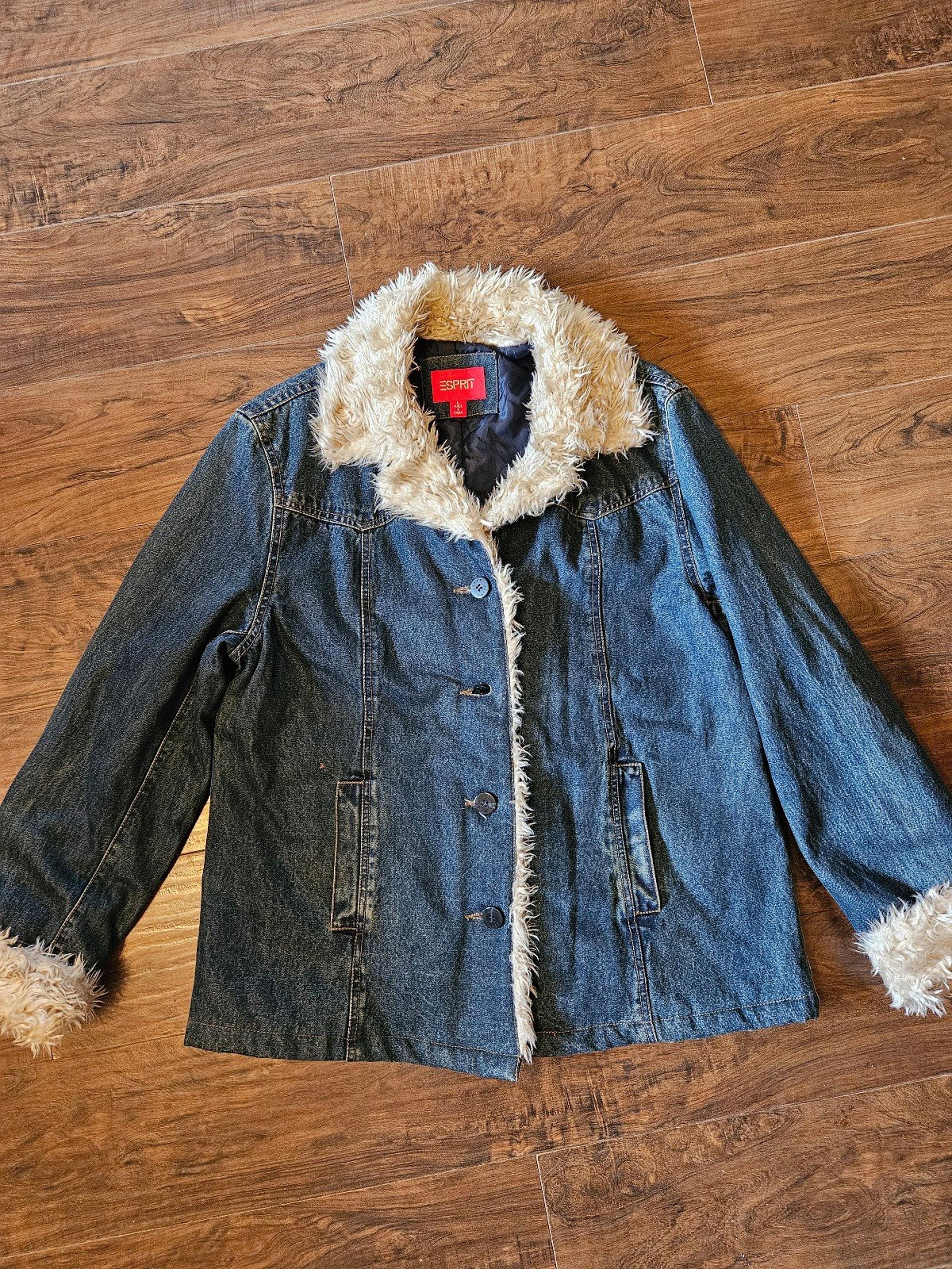 Esprit Lined  Denim Jacket Sz L Faux Fur Trim Y2K Vintage Boho