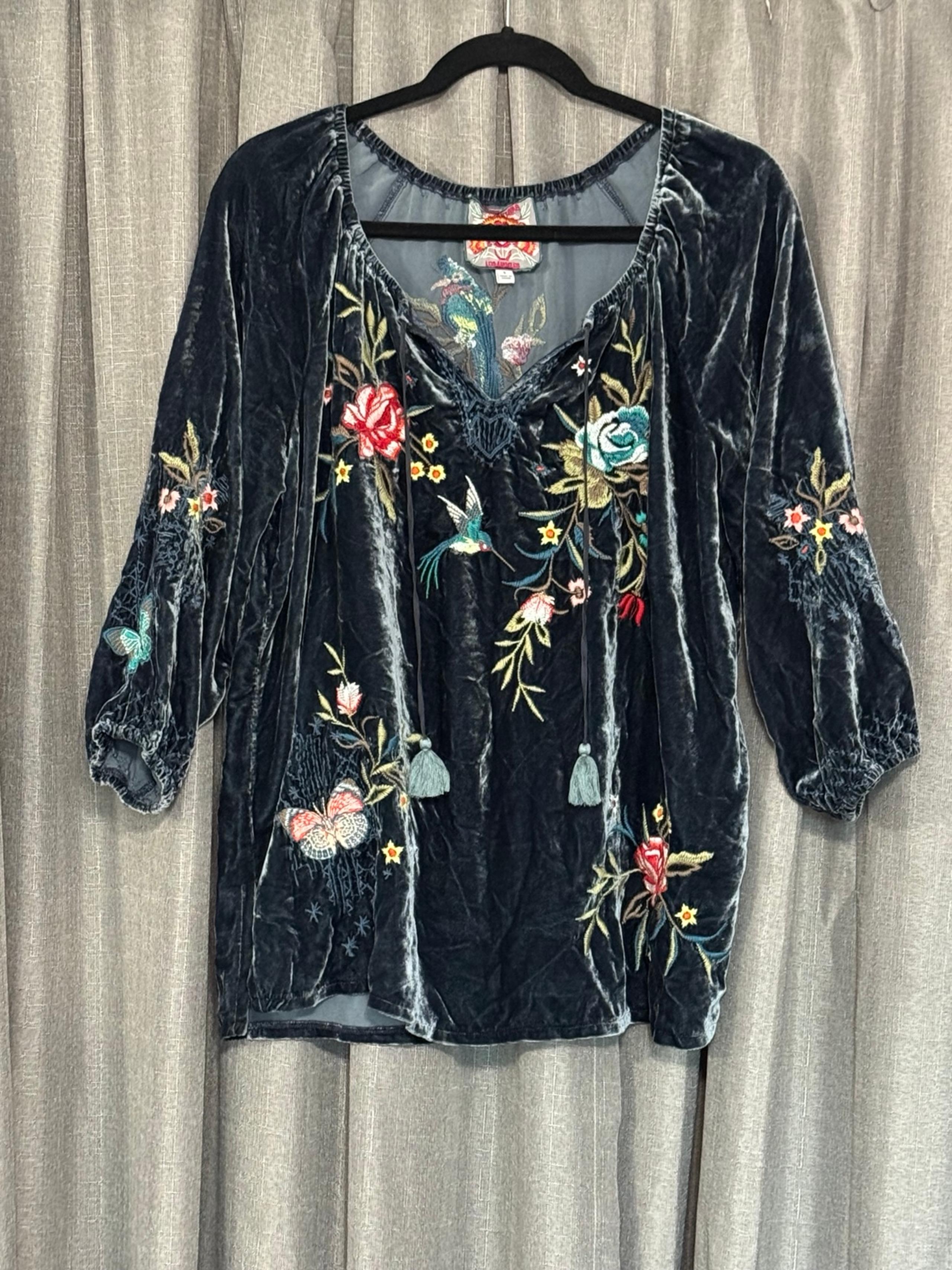 Johnny Was Velvet Embroidered Peasant Blouse Jasper Blue Small
