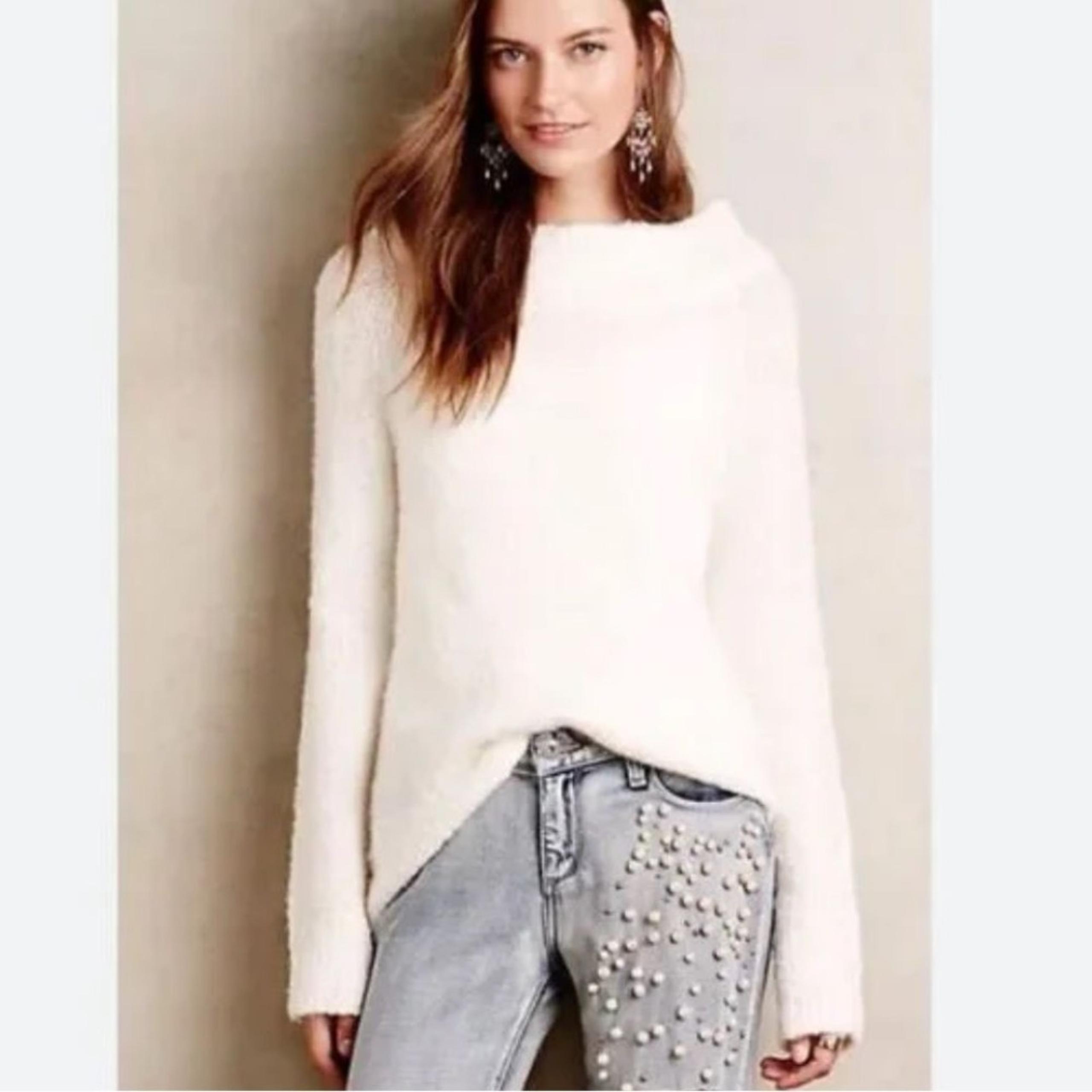 Anthropologie Moth Boucle Ivory Pullover Mock Neck Sweater Sz Small Wool Alpaca