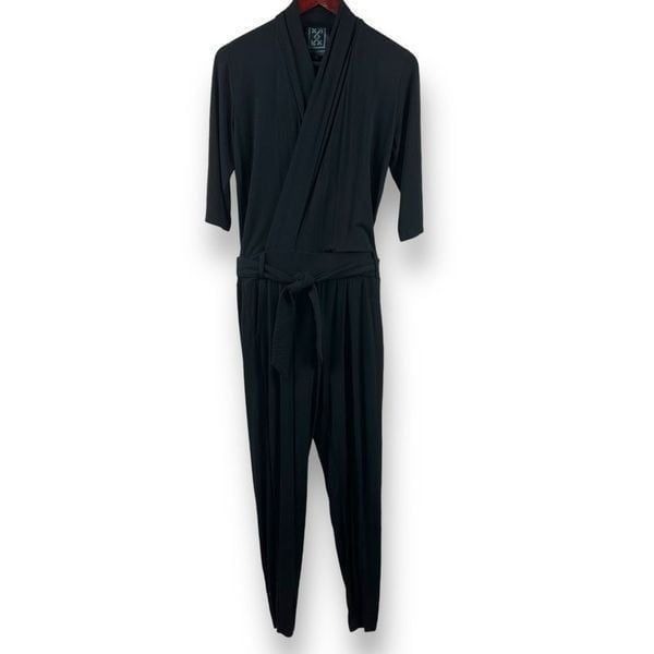 Les Lunes Women's XS The Paul Belted Wrap Jumpsuit Solid Black Soft Comfy Casual