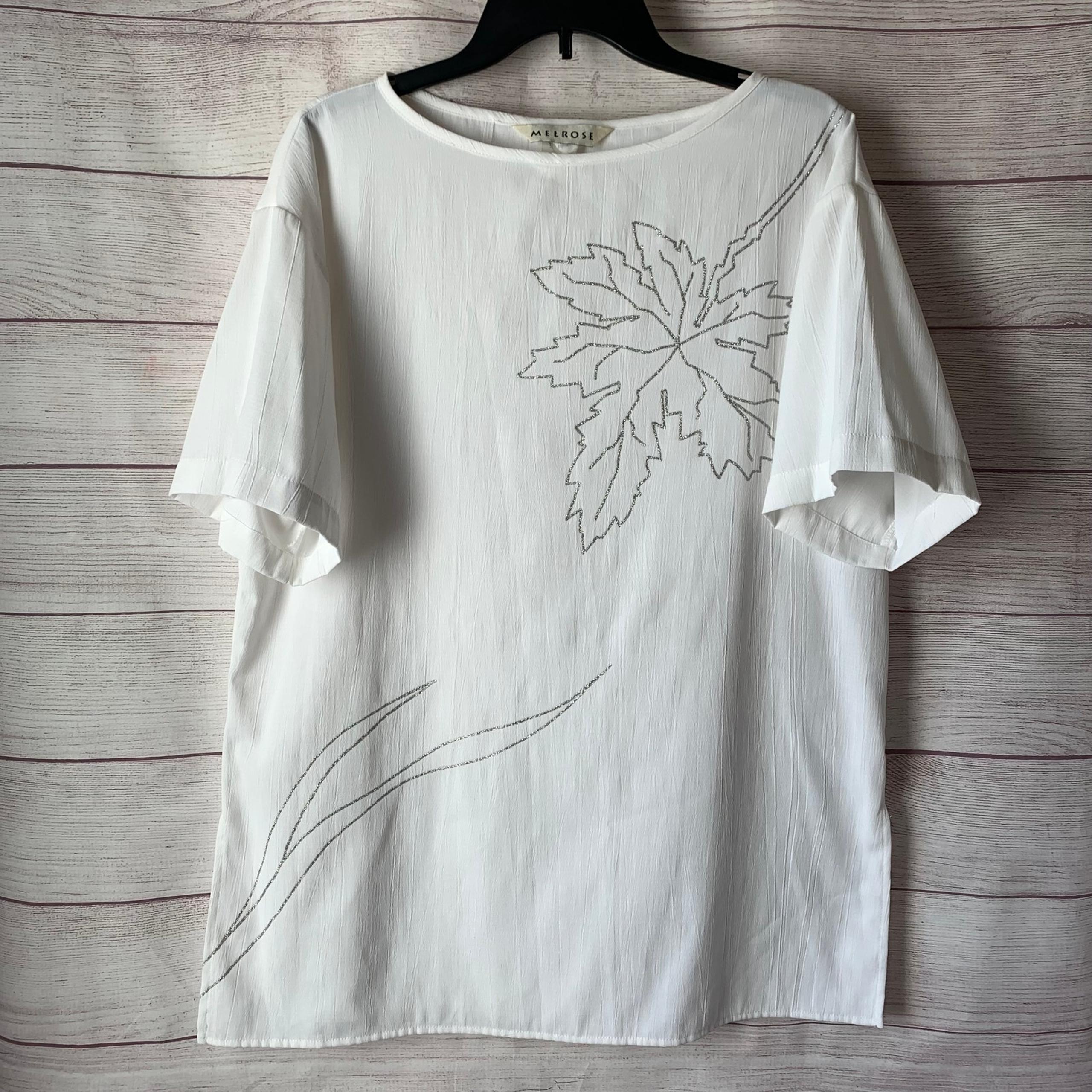 Vintage Melrose White Blouse with Silver Leaf Short Sleeve Long Size M